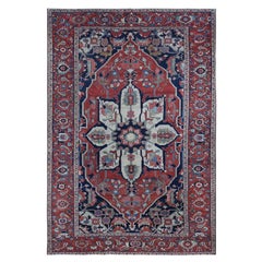 Red Antique Persian Serapi Heriz Flower Design Pure Wool Clean Hand Knotted Rug