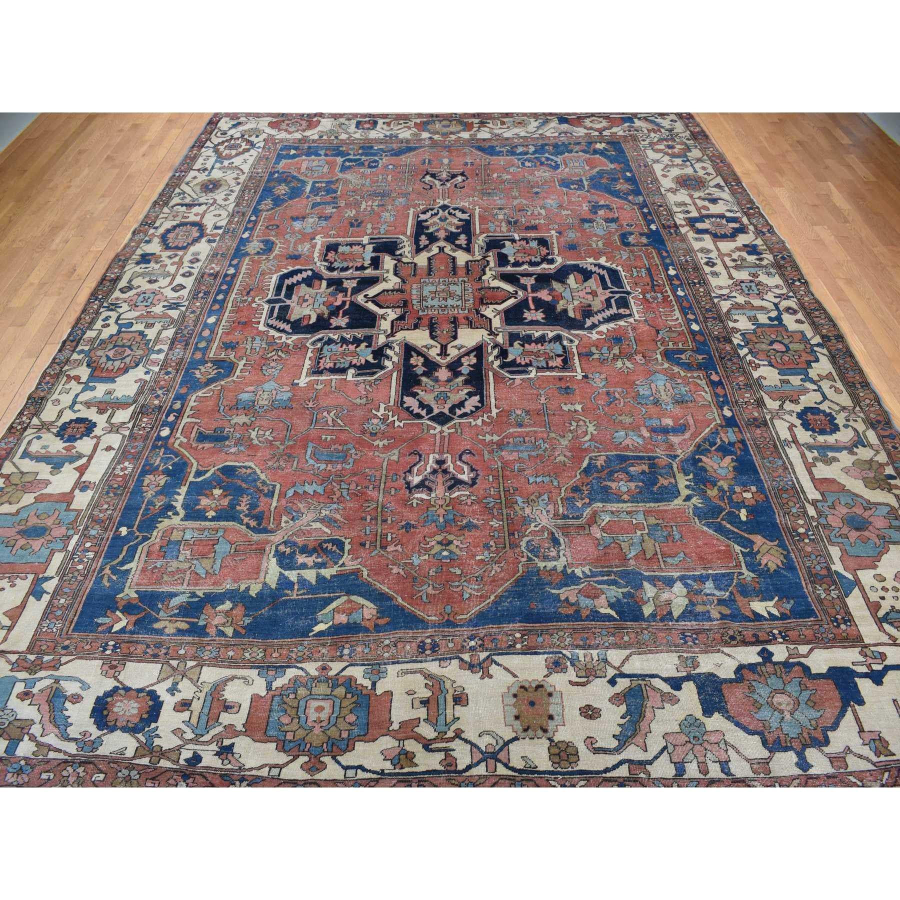 Medieval Red Antique Persian Serapi Heriz Wool Hand Knotted Even Wear Rug 11'3