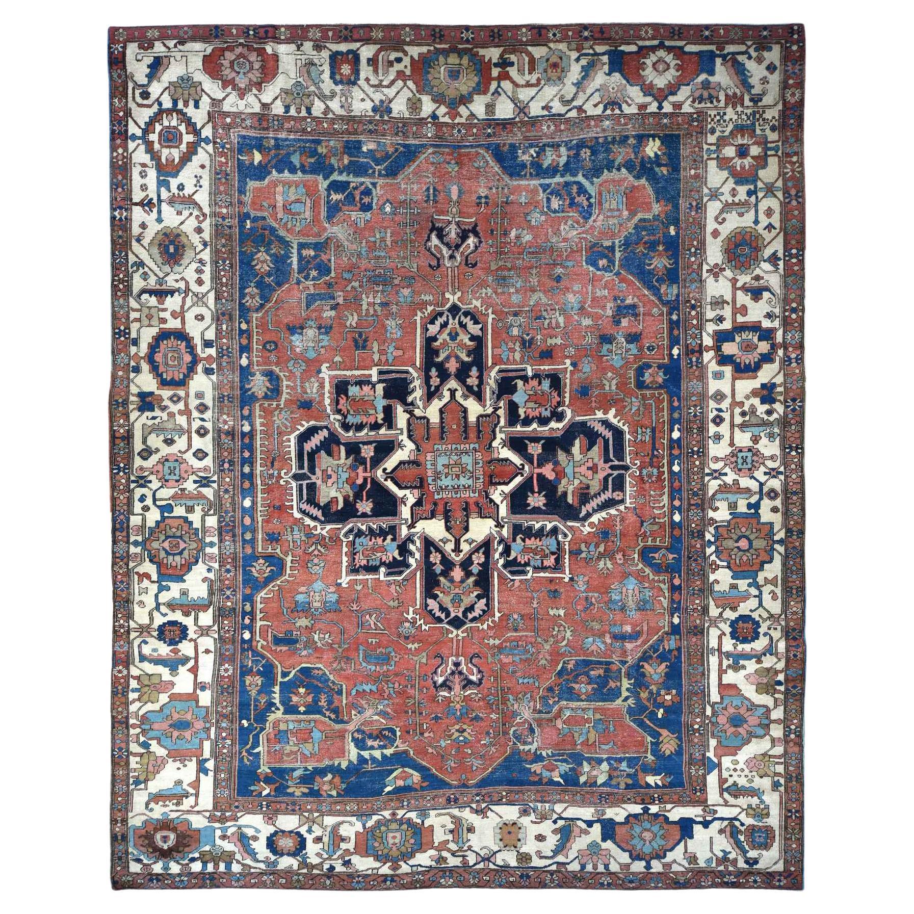 Red Antique Persian Serapi Heriz Wool Hand Knotted Even Wear Rug 11'3"x15'3" For Sale
