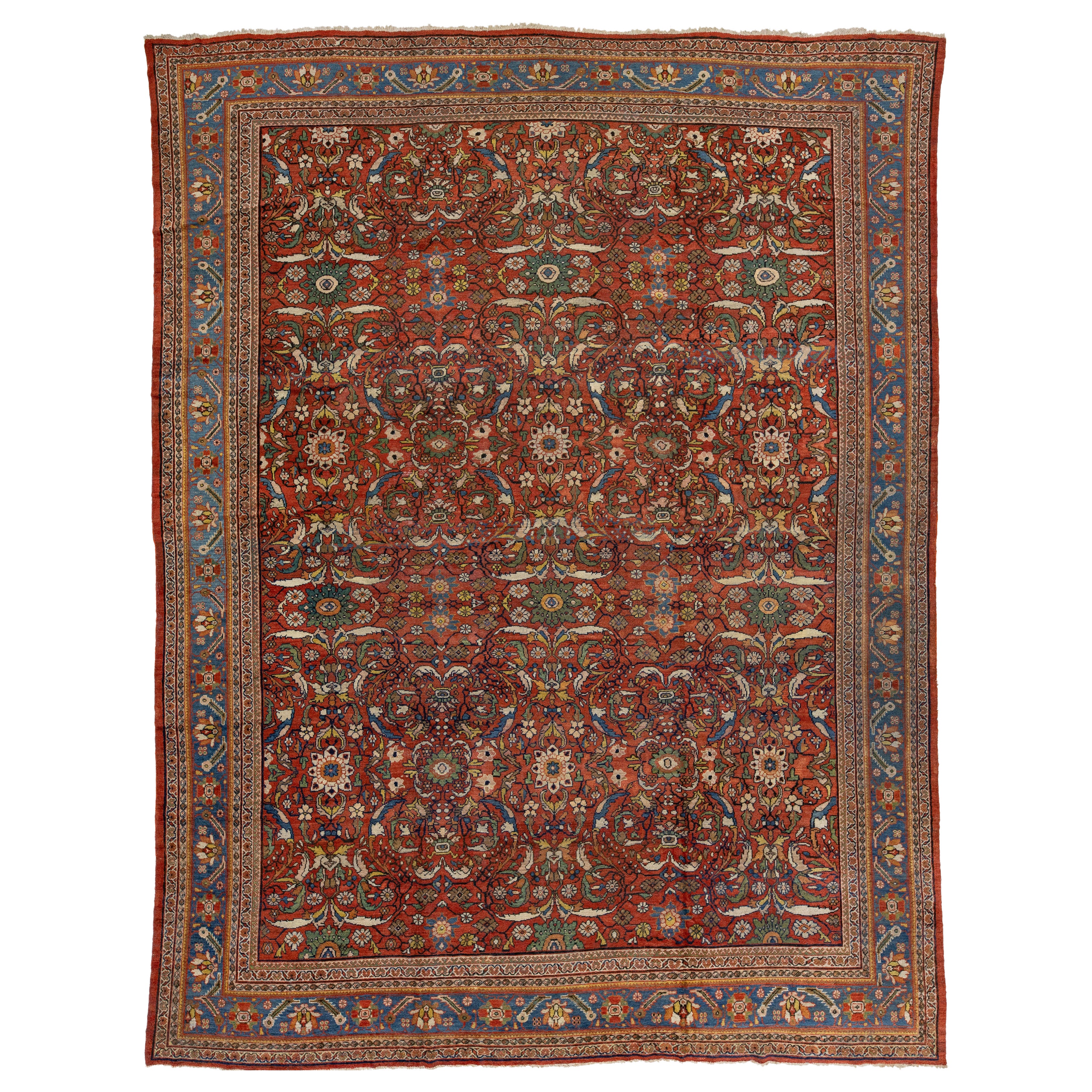 Red Antique Persian Sultanabad Wool Rug Handmade with Allover Pattern