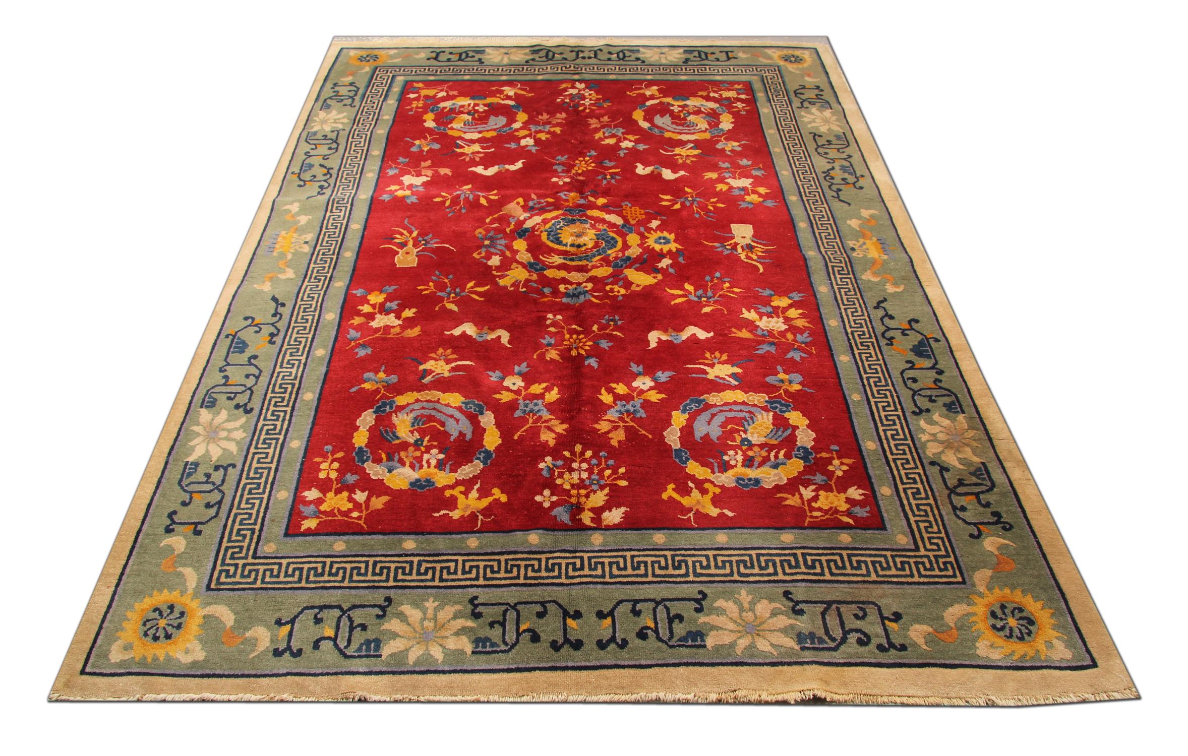 These handmade carpet wool rugs have airy and fiery elements grounded by splashing waves and jutting peaks, providing a sense of balance and tradition. Borrowing from the new and the old, this palatial Chinese carpet oriental rug showcases a formal