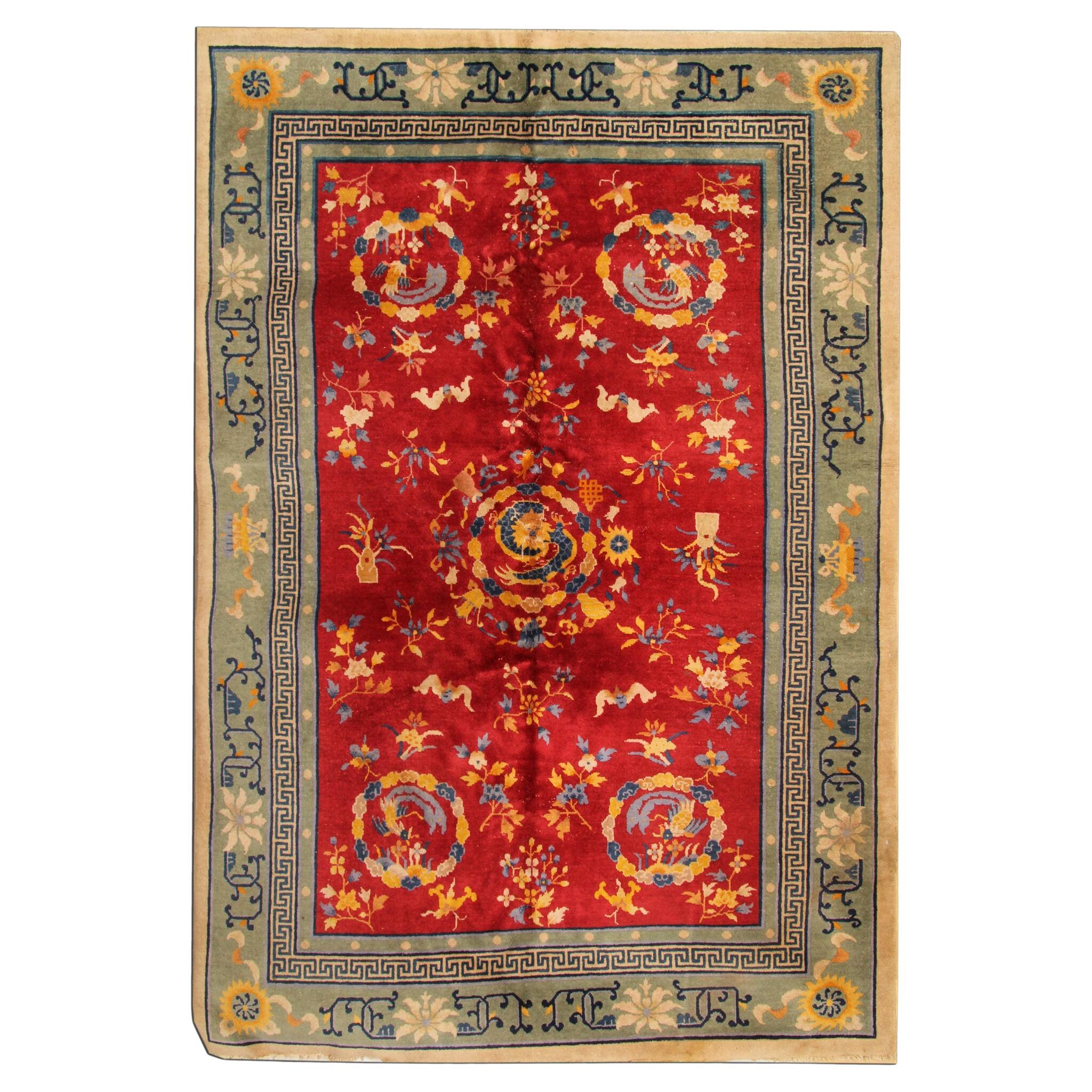 Red Antique Rug, Art Deco Vintage Rug Oriental Handmade Carpet Chinese Rug CHR6  For Sale