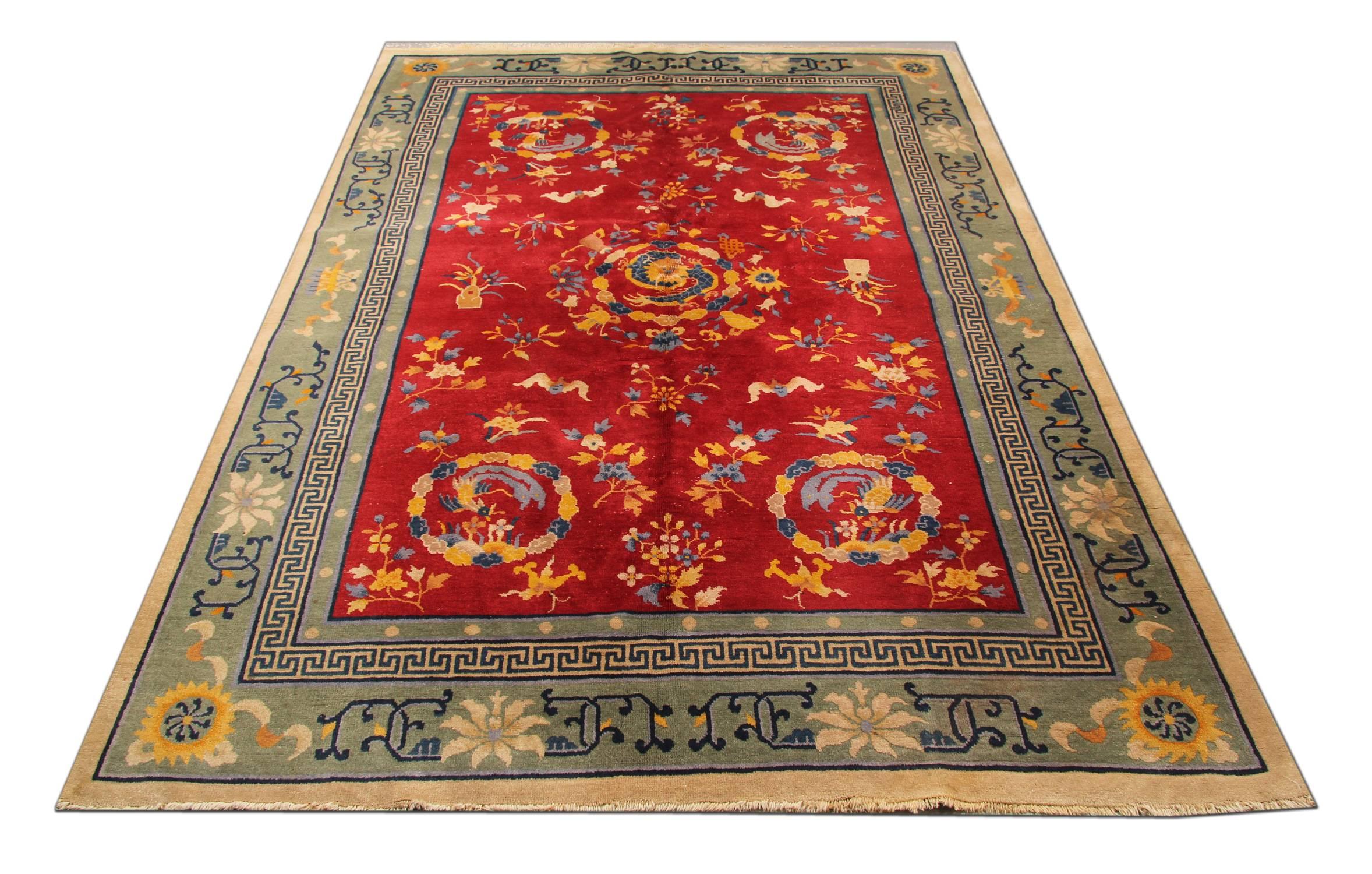 These handmade carpet wool rugs have airy and fiery elements that are grounded by splashing waves and jutting peaks that provide a sense of balance and tradition. Borrowing from the new and the old, this palatial Chinese carpet Oriental rug