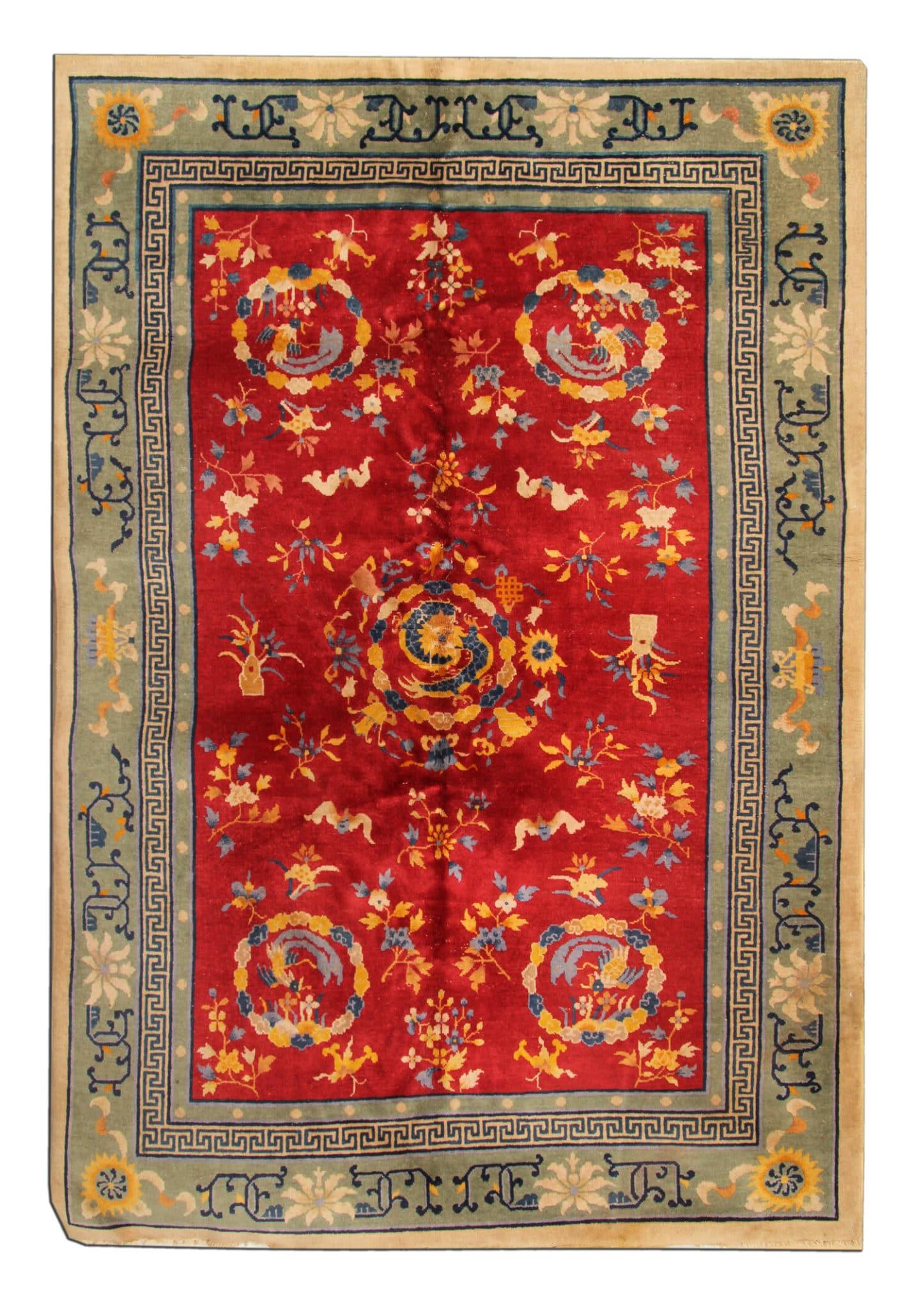 Hand-Knotted Red Antique Rug, Art Deco Vintage Rug Oriental Handmade Carpet Chinese Rugs For Sale