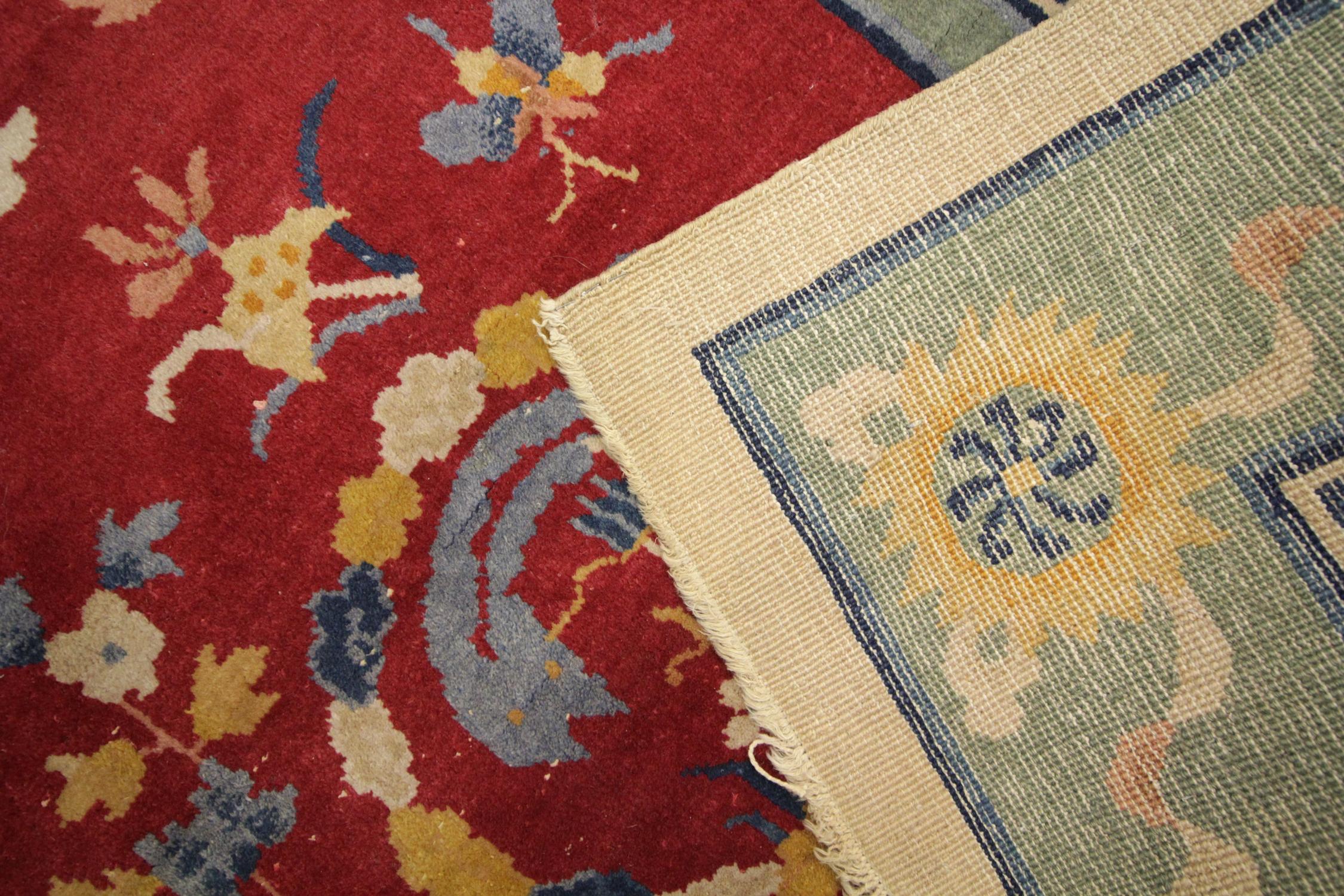 Roter antiker Teppich:: Art Deco Vintage Teppich Orientalischer handgefertigter Teppich Chinesische Teppiche im Angebot 1