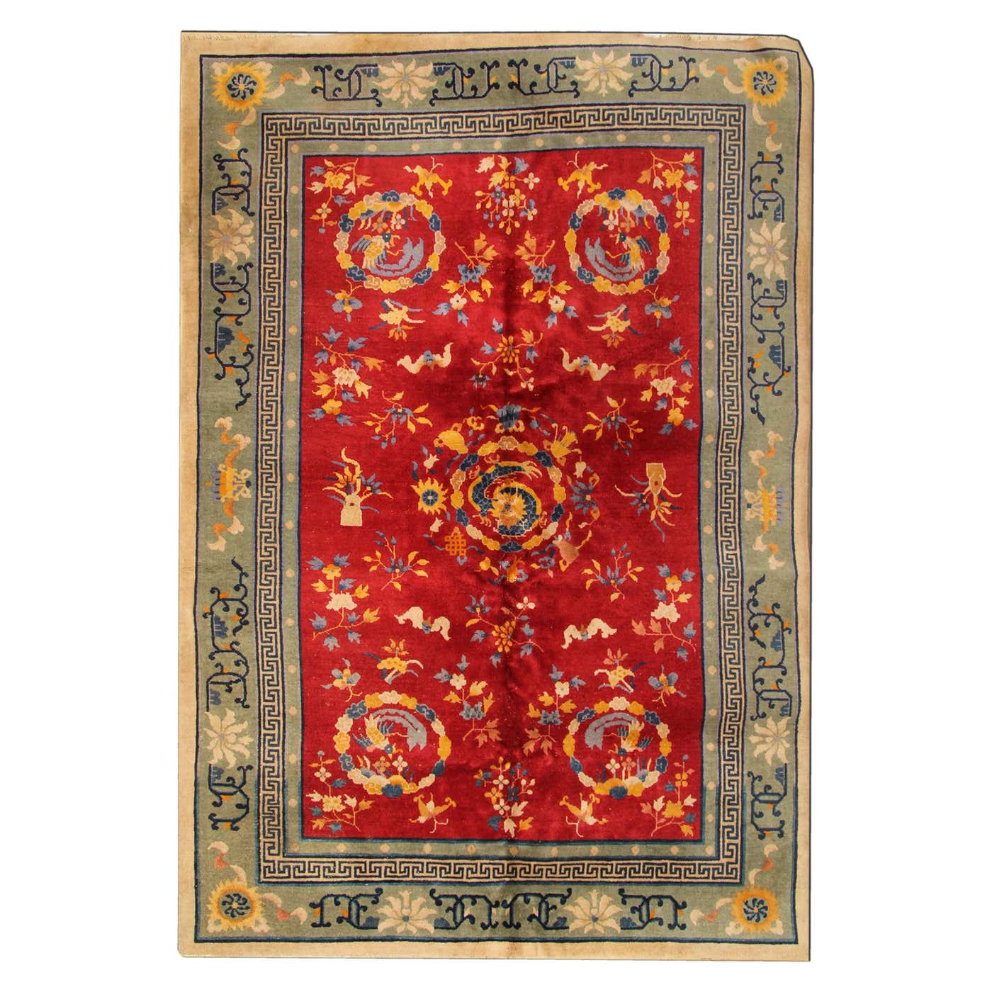 Red Antique Rug, Art Deco Vintage Rug Oriental Handmade Carpet Chinese ...
