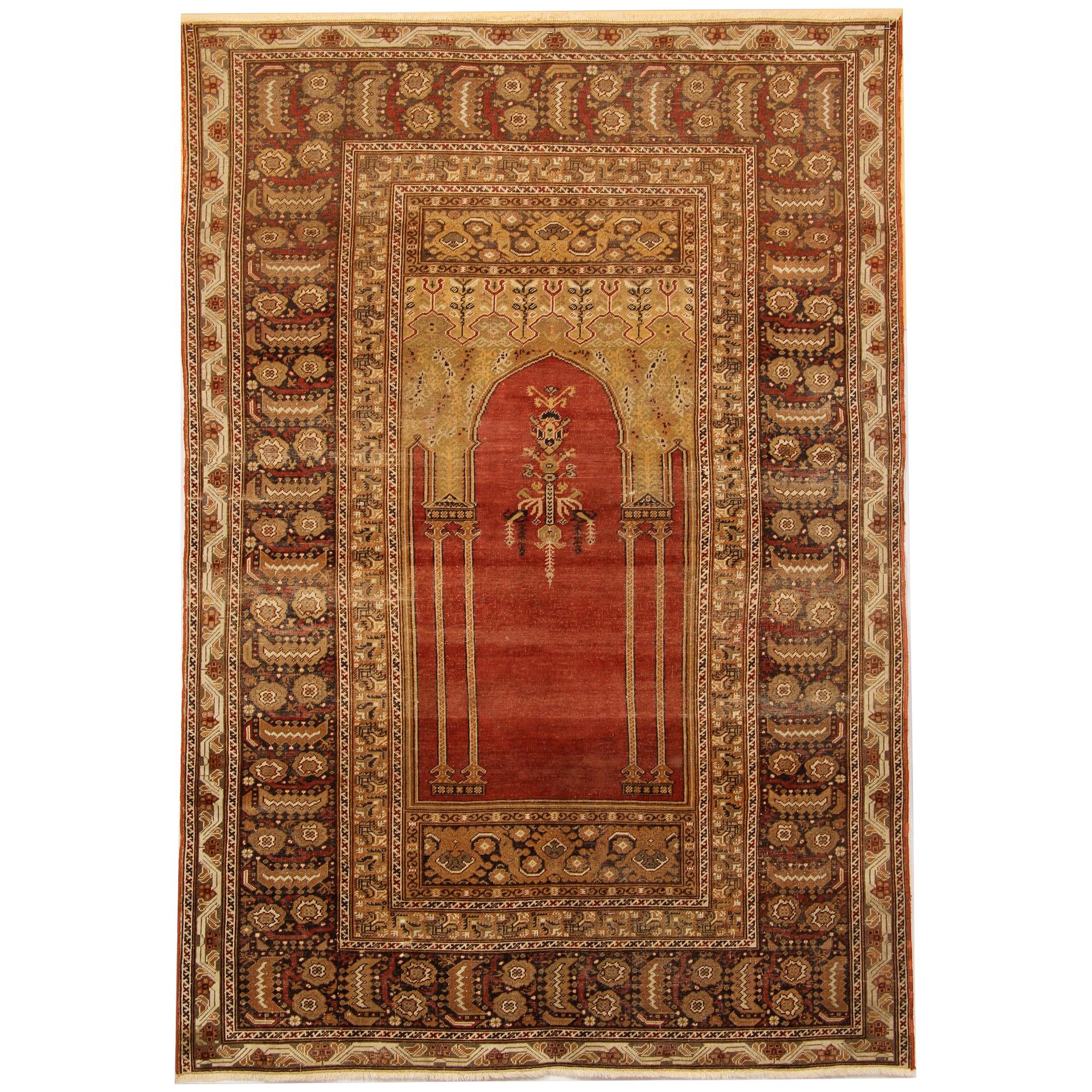 Red Antique Rugs, Traditional Carpet Turkish Rug, Mihrabi Living Room Rug For Sale