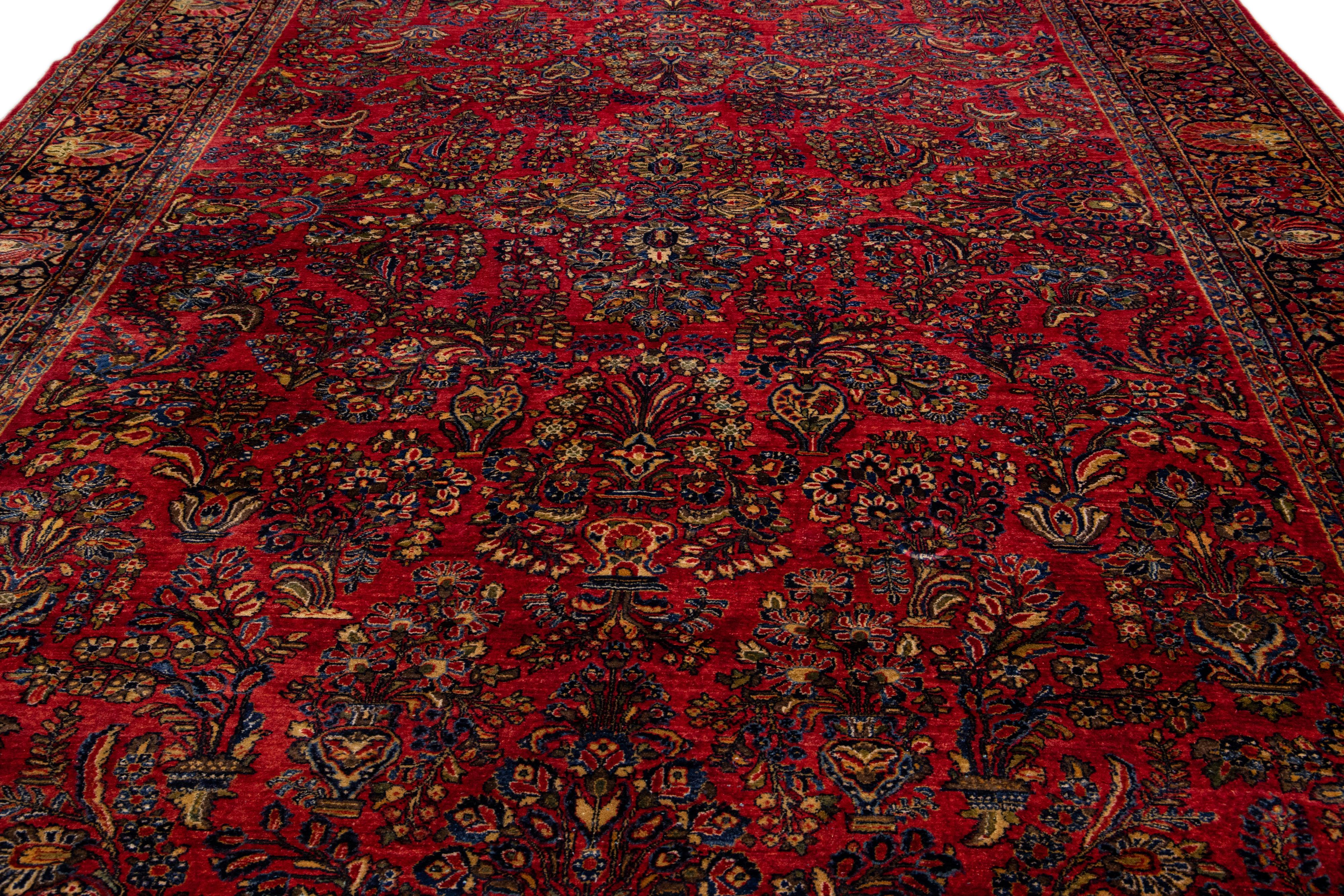 Persian Red Antique Sarouk Art Deco Handmade Floral Oversize Wool Rug For Sale