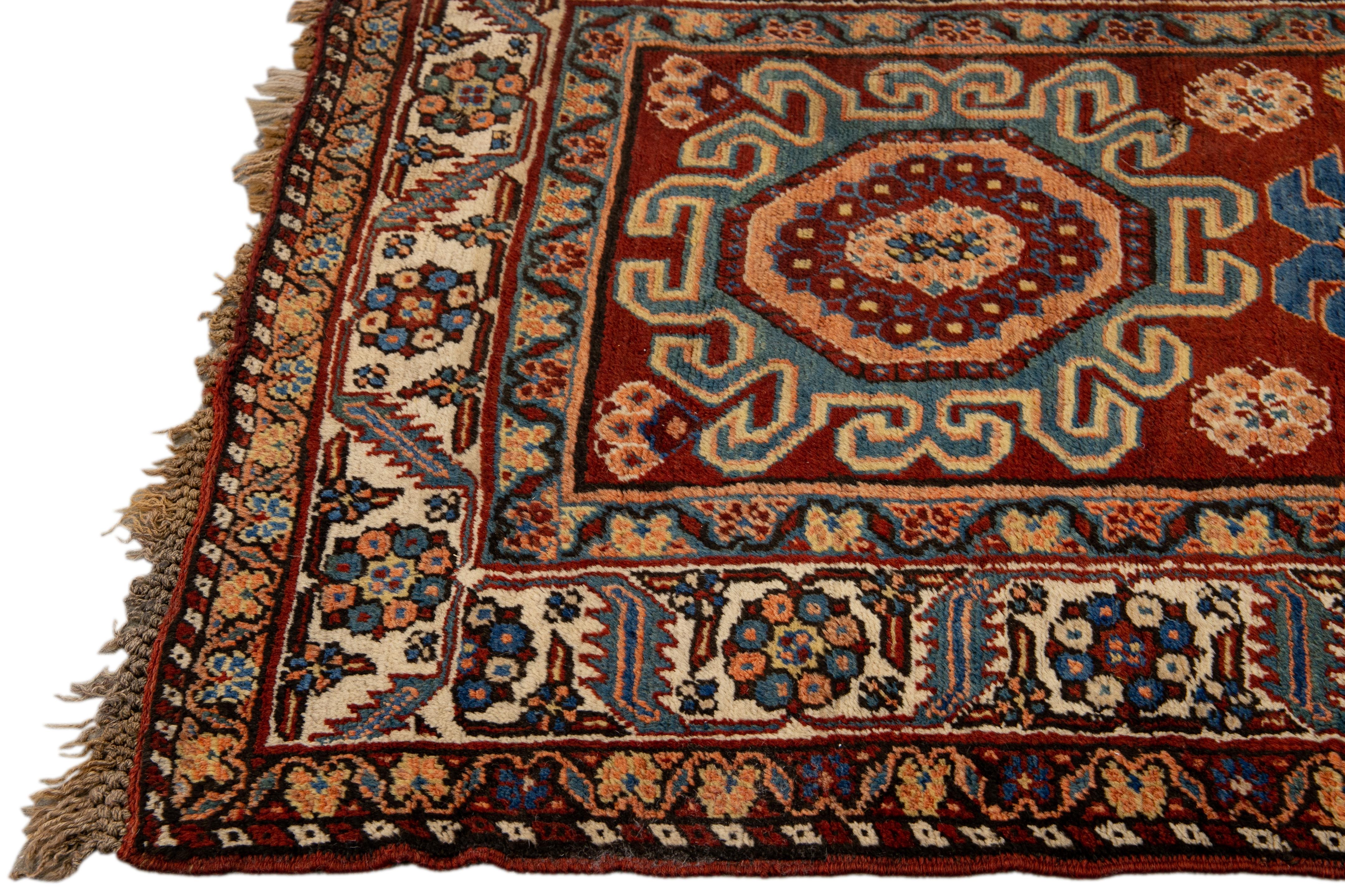 Hand-Knotted Red Antique Serapi Persian Handmade Multi Medallion Motif Wool Runner For Sale