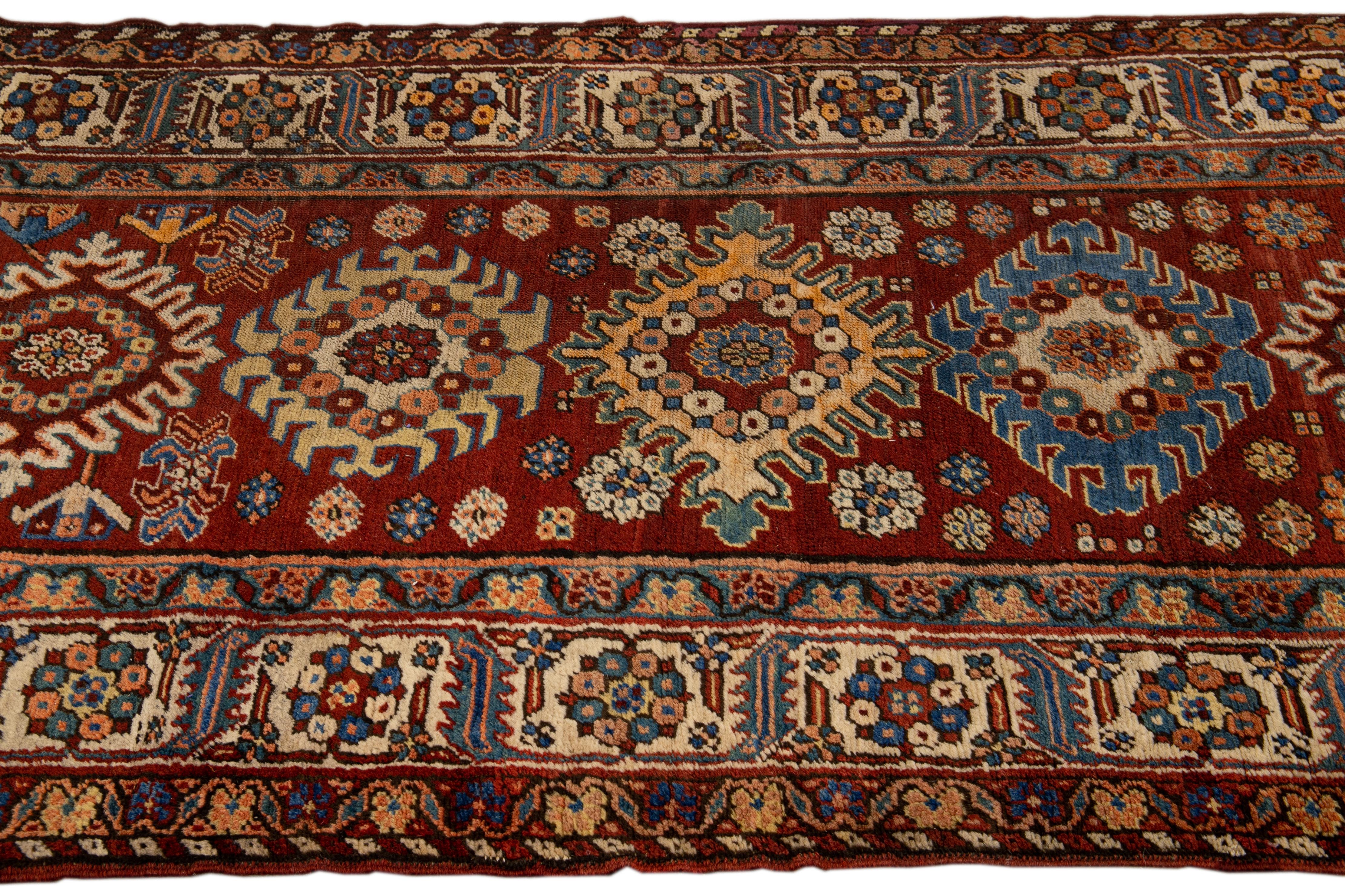 Red Antique Serapi Persian Handmade Multi Medallion Motif Wool Runner In Good Condition For Sale In Norwalk, CT