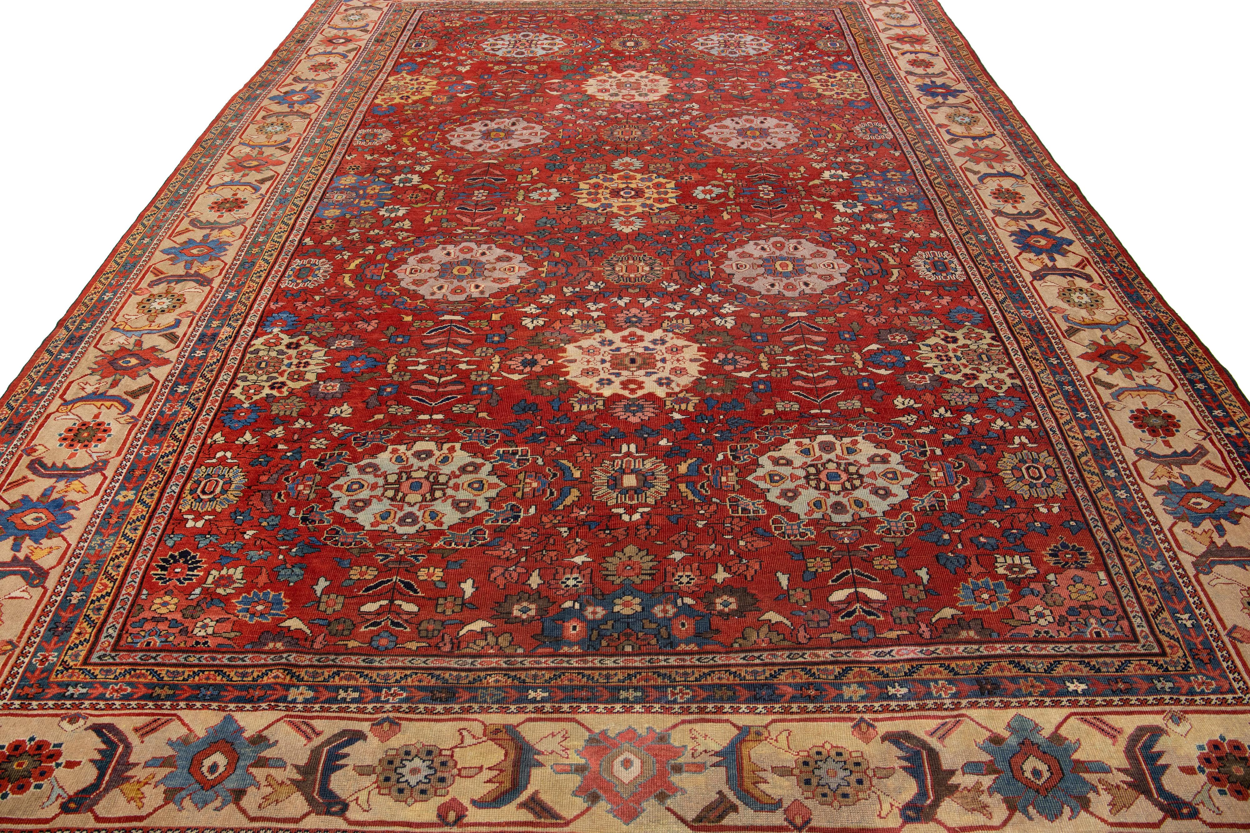 Islamique Tapis rouge ancien en laine persane Sultanabad fait à la main avec motif sur toute sa surface en vente