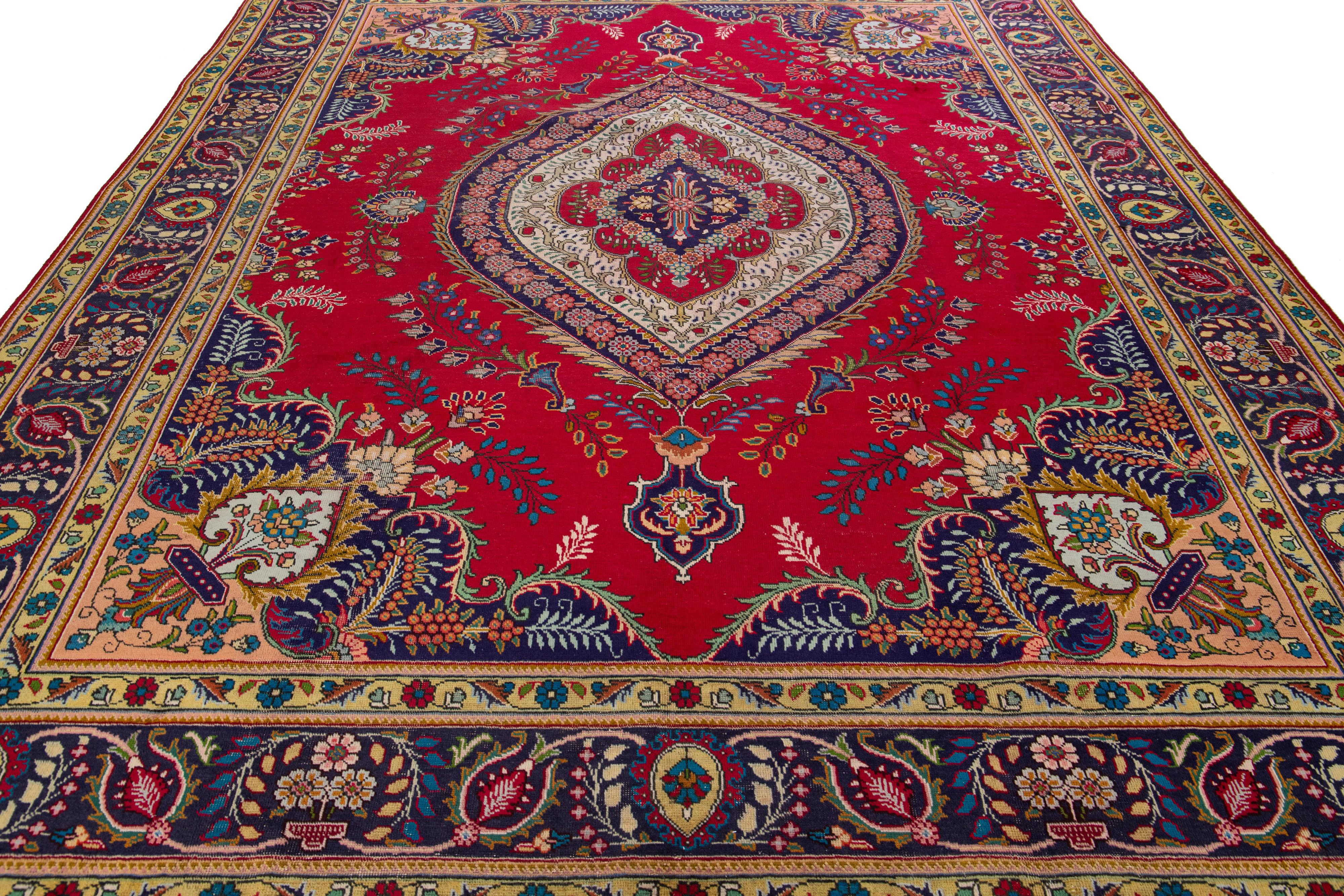Hand-Knotted Red Antique Tabriz Handmade Persian Wool Rug with Multicolor Shah Abbasi Desing For Sale