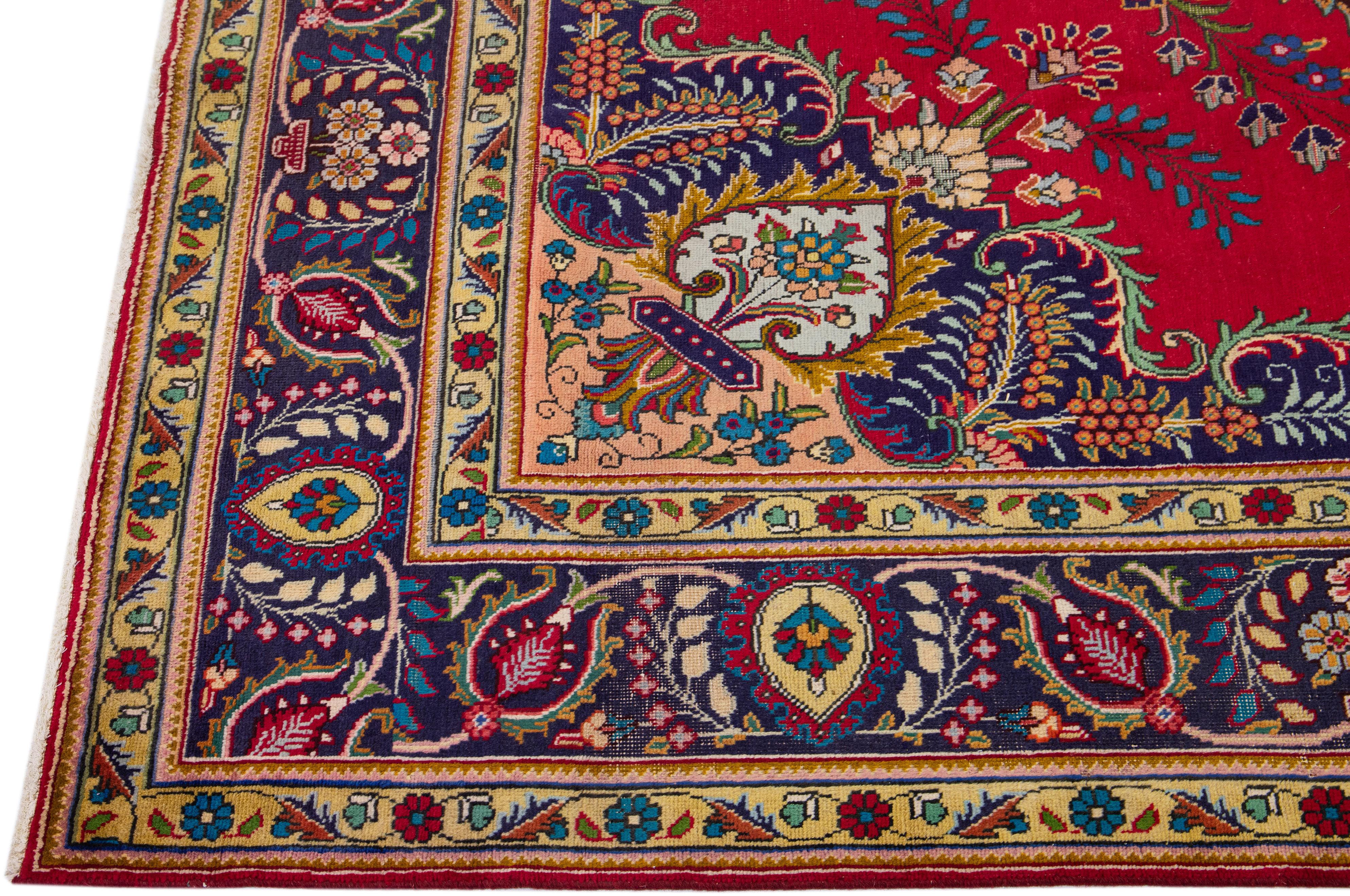 Red Antique Tabriz Handmade Persian Wool Rug with Multicolor Shah Abbasi Desing In Excellent Condition For Sale In Norwalk, CT