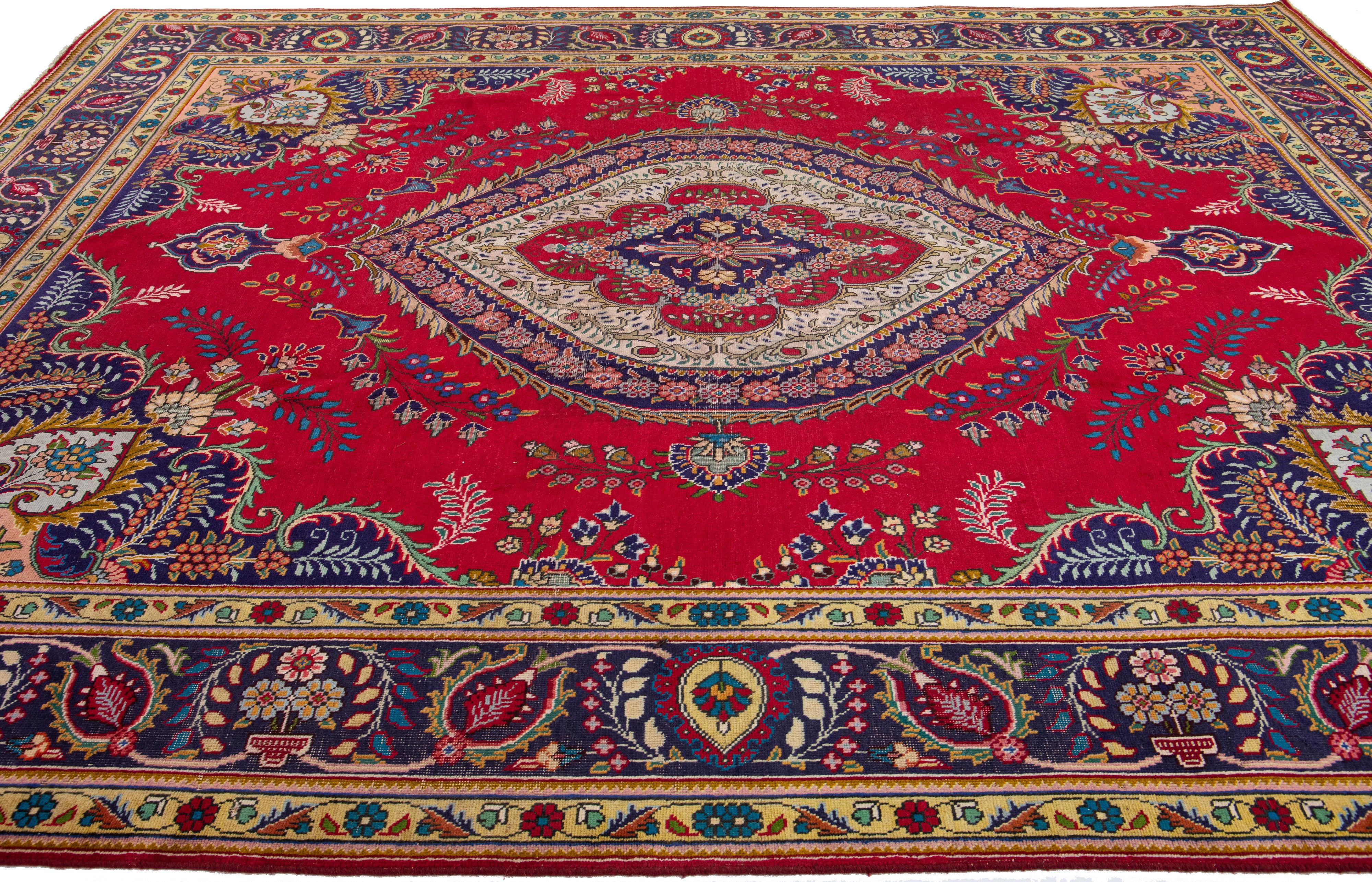 20th Century Red Antique Tabriz Handmade Persian Wool Rug with Multicolor Shah Abbasi Desing For Sale