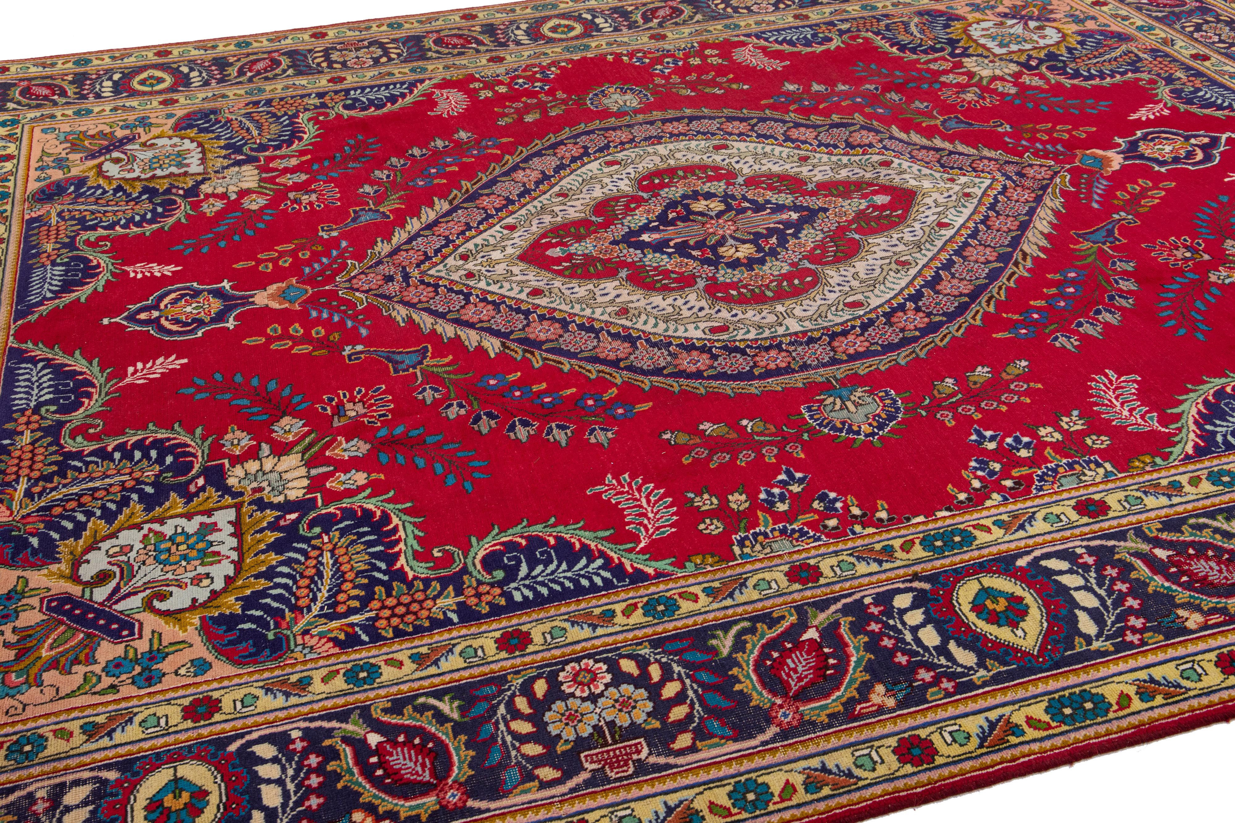 Red Antique Tabriz Handmade Persian Wool Rug with Multicolor Shah Abbasi Desing For Sale 1