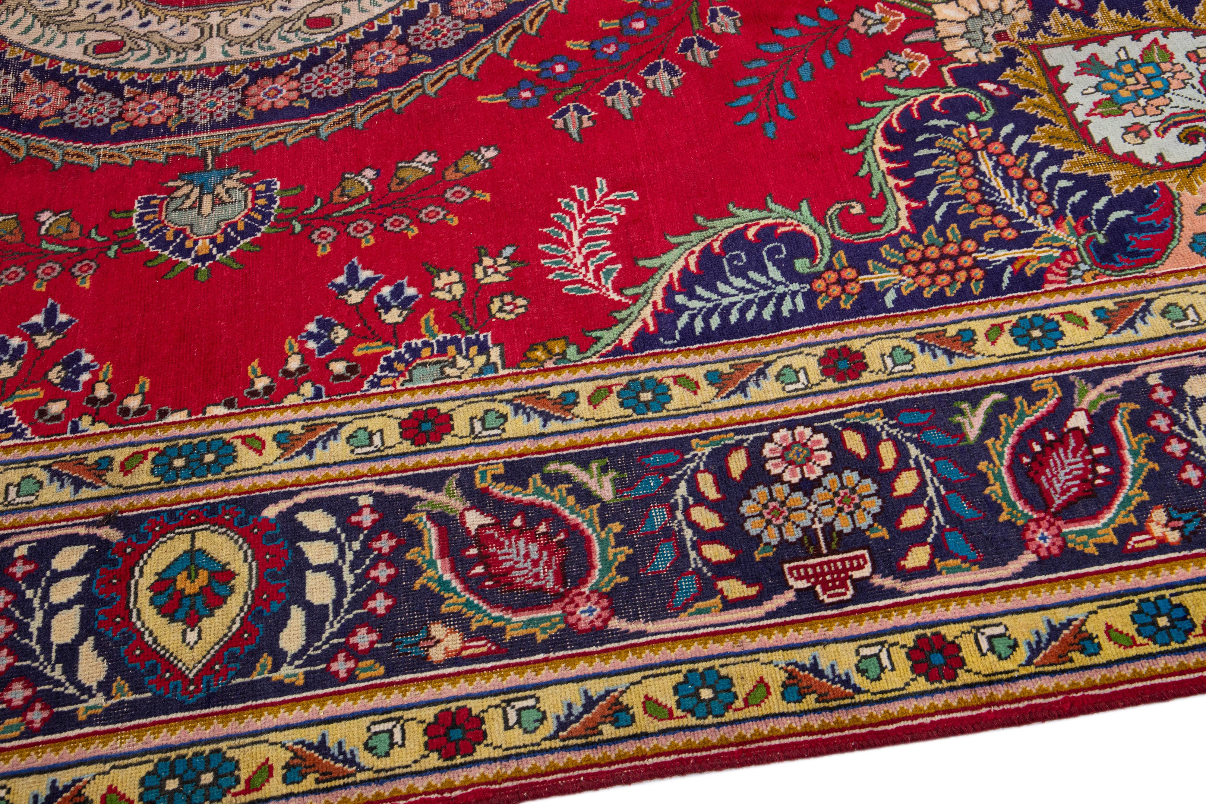 Red Antique Tabriz Handmade Persian Wool Rug with Multicolor Shah Abbasi Desing For Sale 2