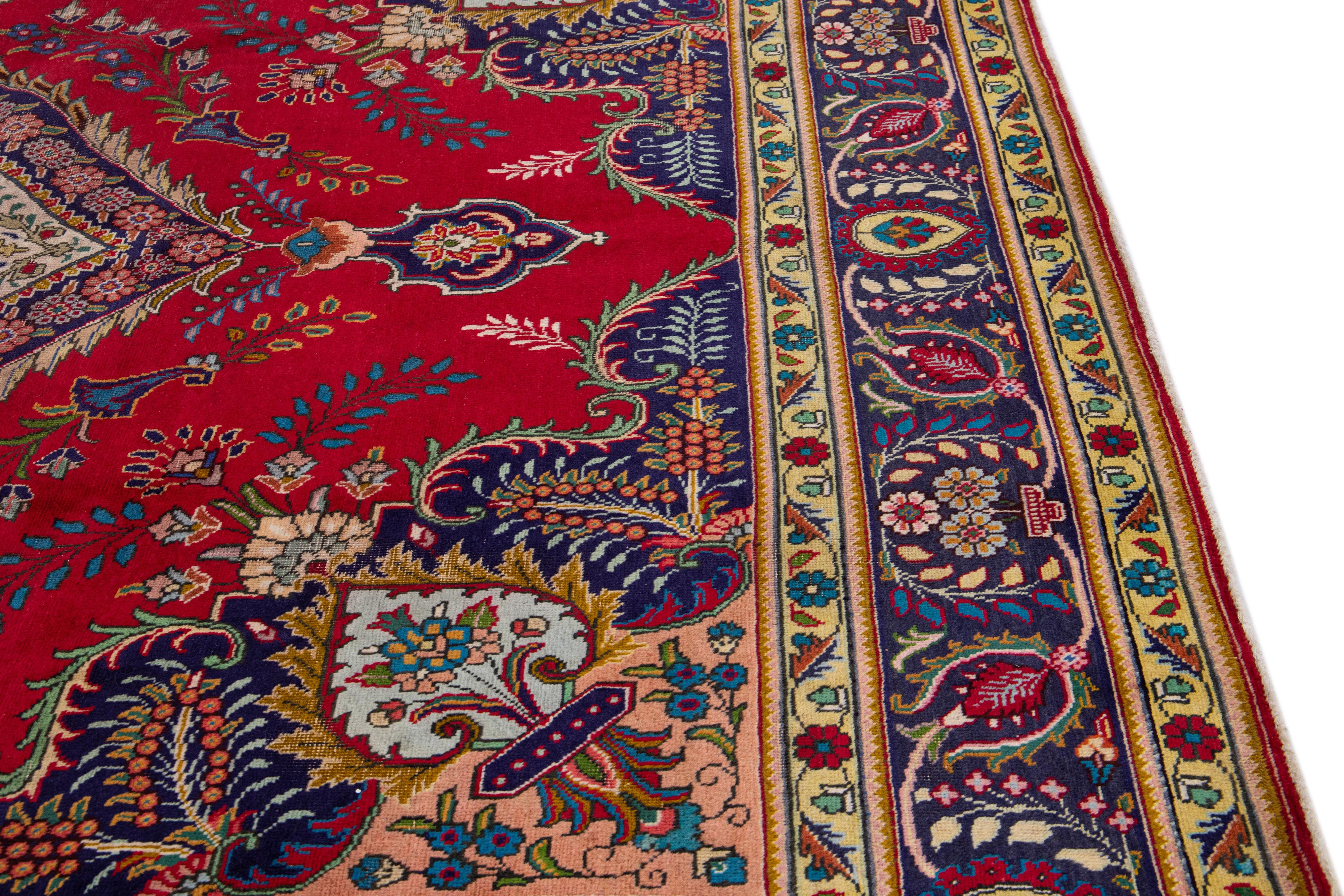 Red Antique Tabriz Handmade Persian Wool Rug with Multicolor Shah Abbasi Desing For Sale 3