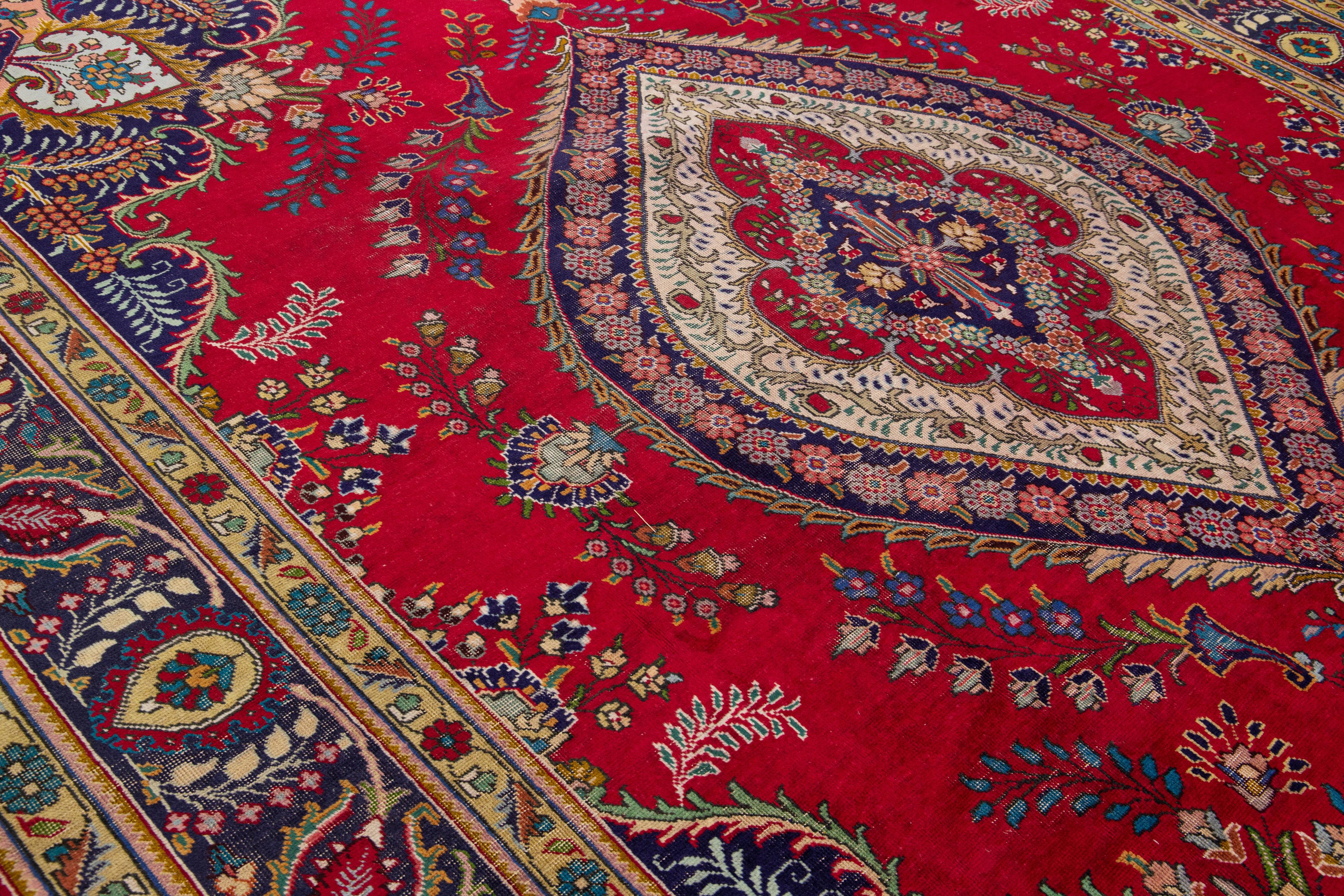 Red Antique Tabriz Handmade Persian Wool Rug with Multicolor Shah Abbasi Desing For Sale 4