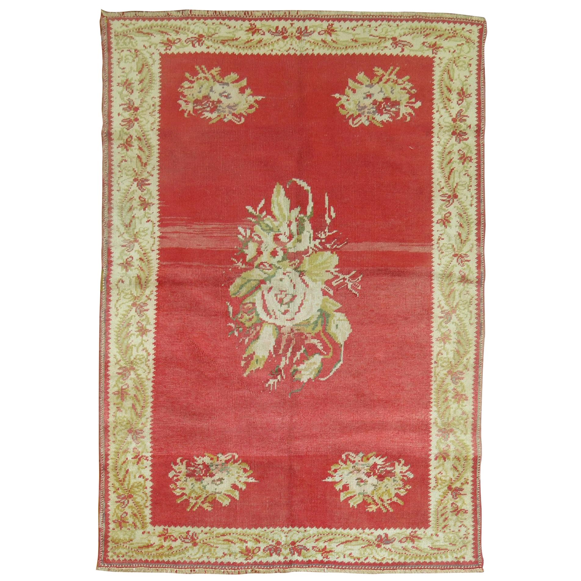 Red Antique Turkish Ghiordes Rose Flower Rug For Sale