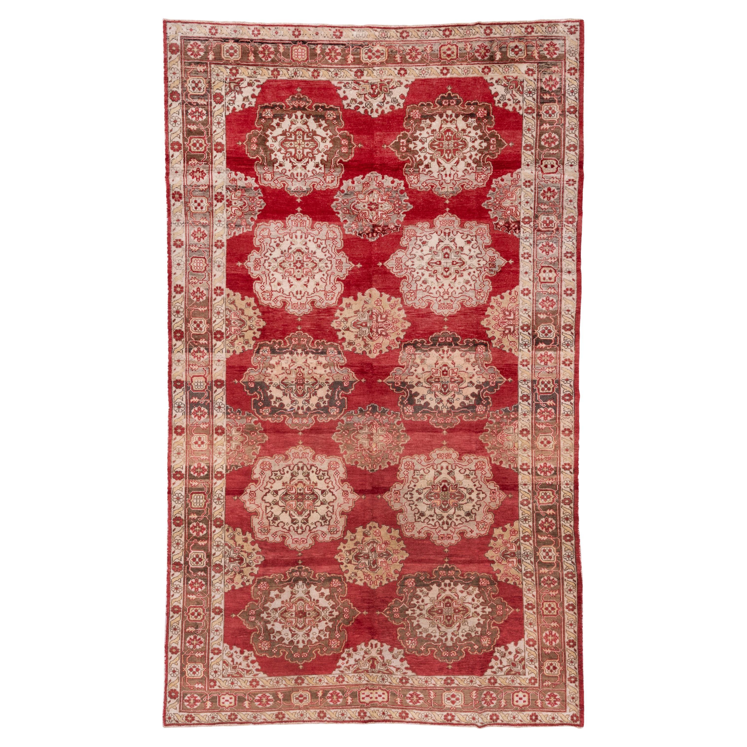 Red Antique Turkish Oushak Carpet with Allover Field