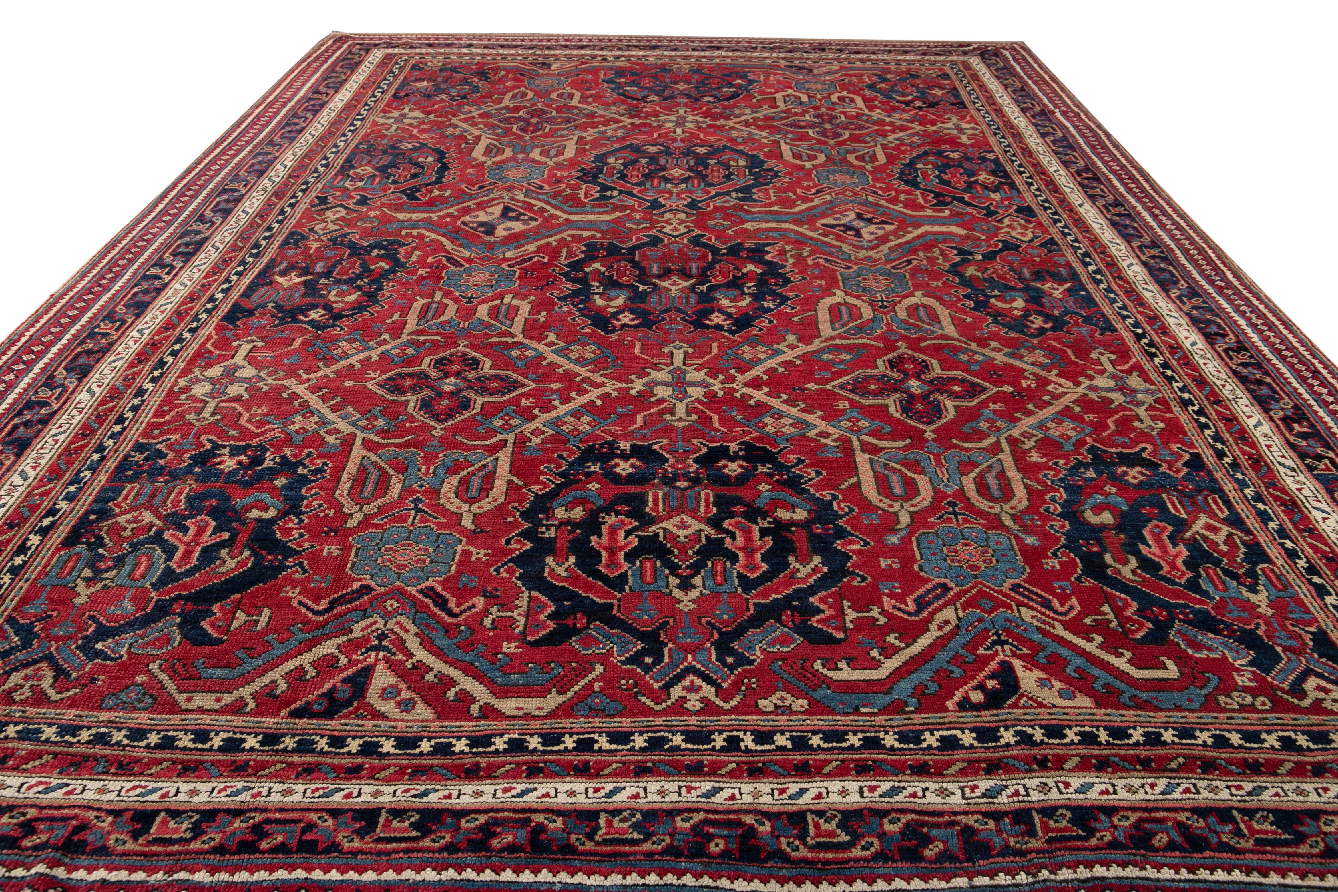 Hand-Knotted Red Antique Turkish Oushak Handmade Allover Designed Wool Rug For Sale