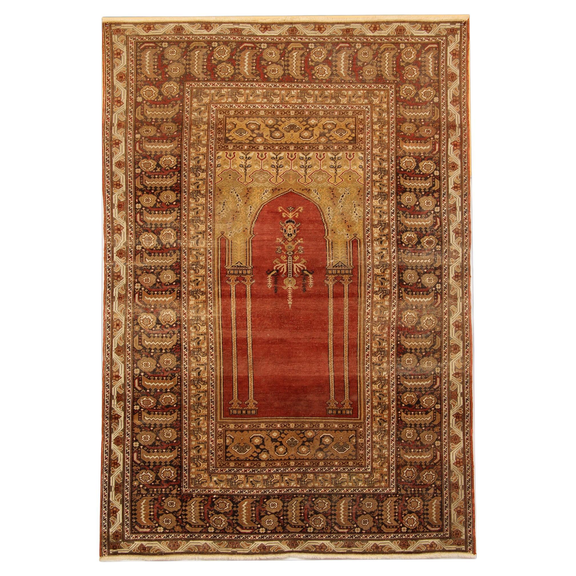 Tapis turcs anciens rouges, tapis d'Anatolie, tapis de salon de prière Mihrabi CHR20 en vente
