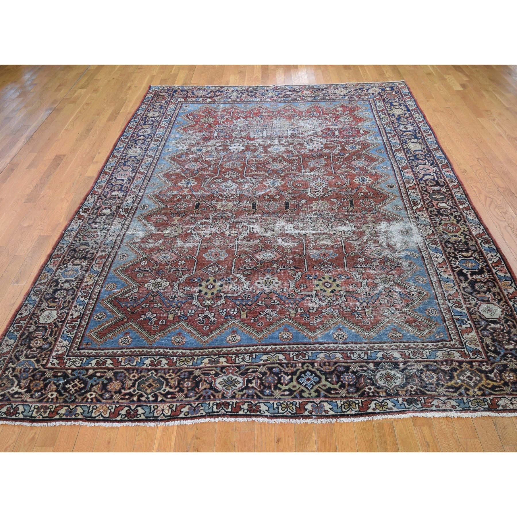 Hollywood Regency Red Antique Worn Persian Mahal Clean Hand Knotted Oriental Rug