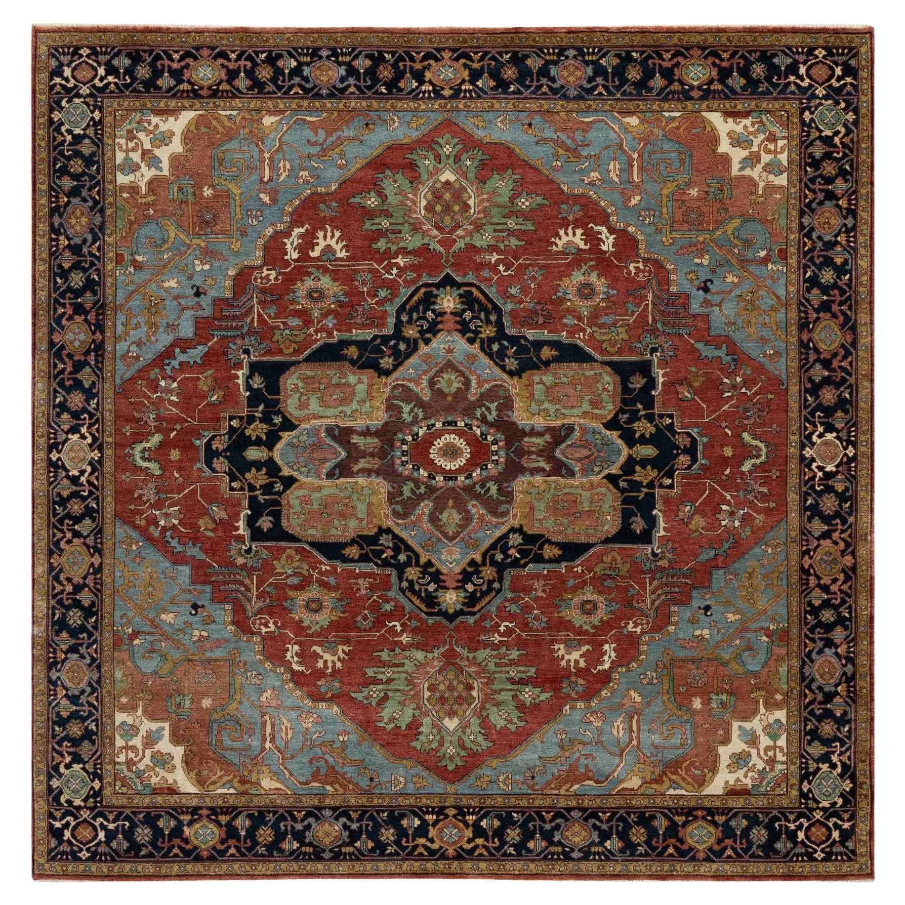 Roter, antiker, handgeknüpfter, quadratischer, antiker, feiner Heriz-Re-Creation-Teppich aus Wolle, 8'1" x 8'1"