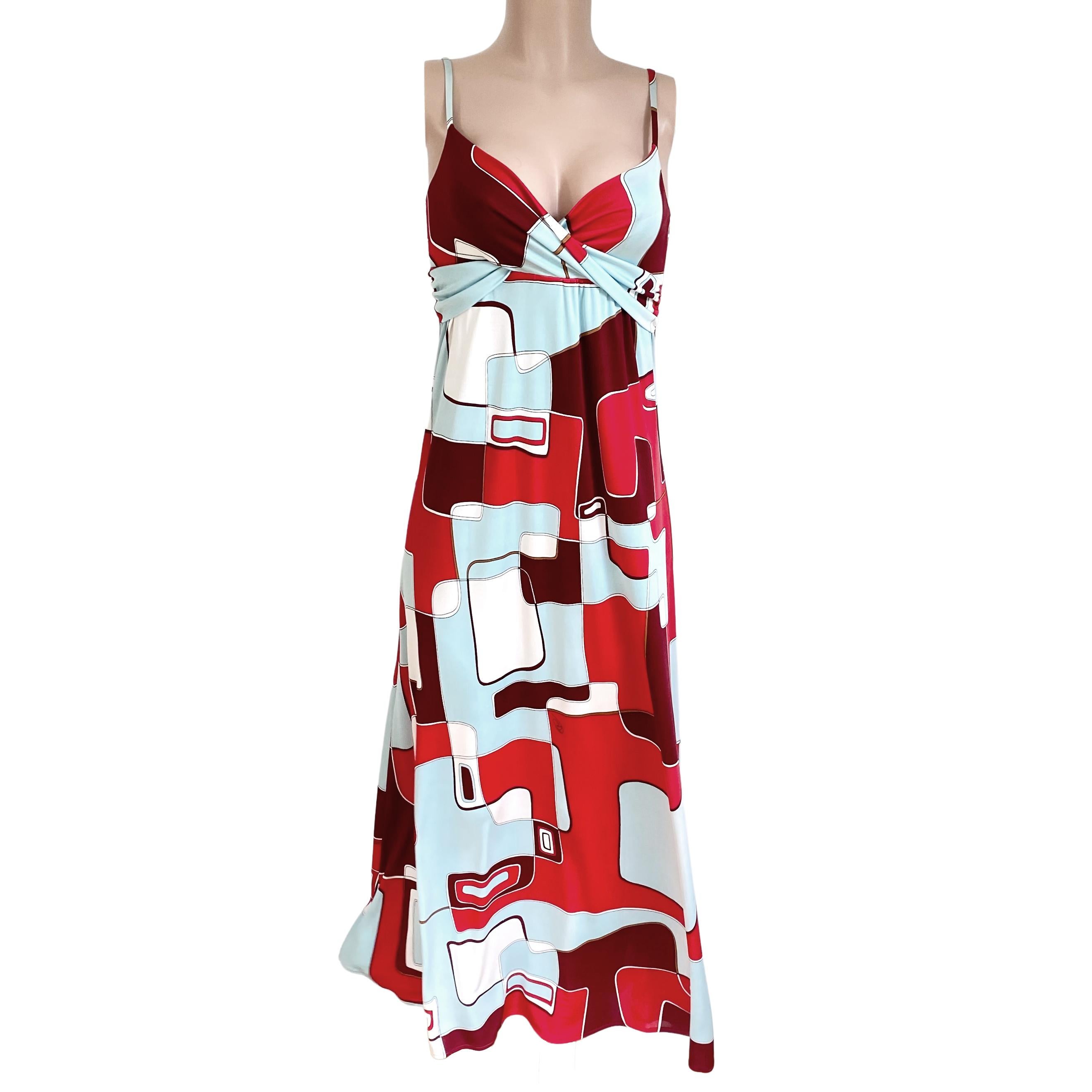 Gray Red Aqua Art Print FLORA KUNG Boho Maxi Silk Cami Dress NWT For Sale