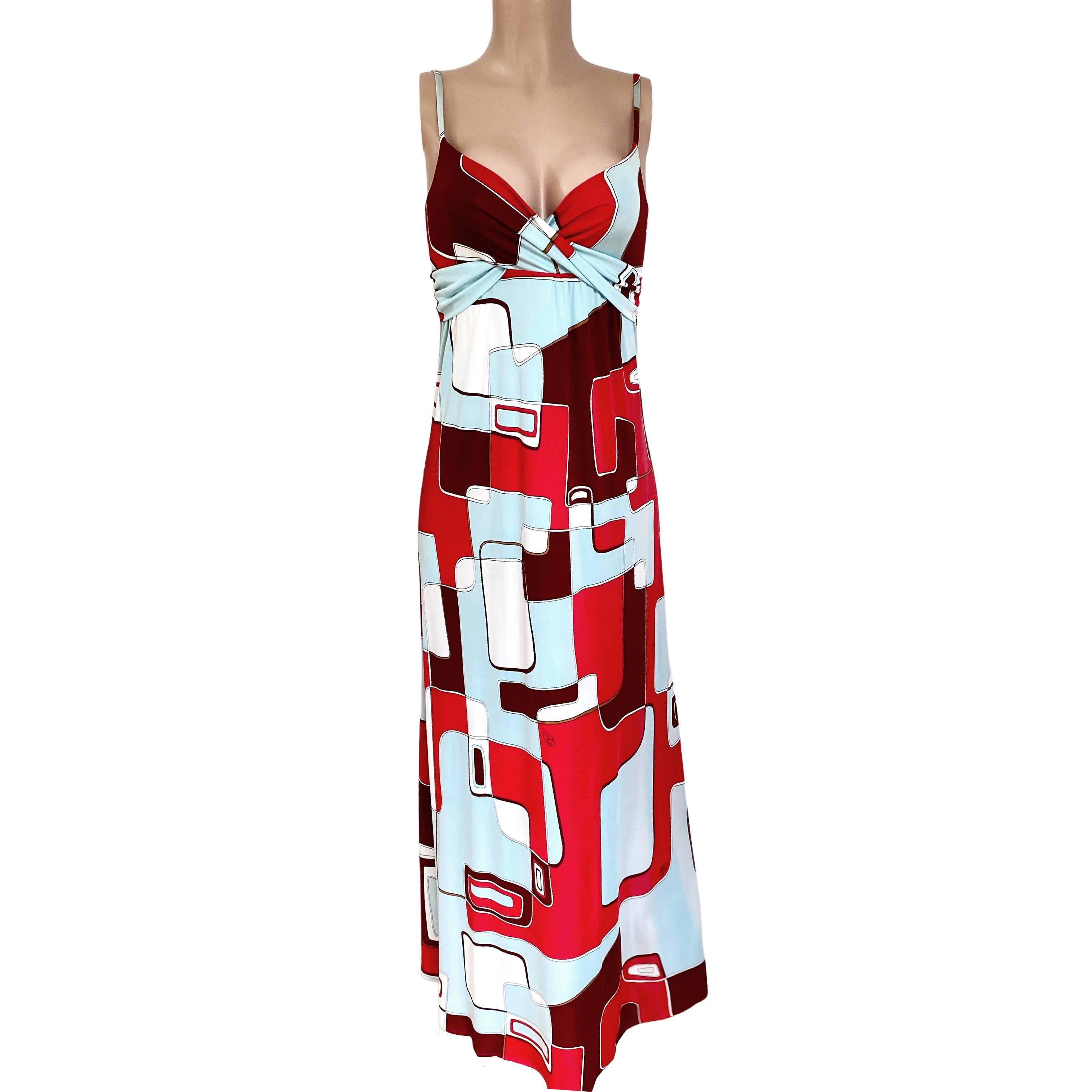 Red Aqua Art Print FLORA KUNG Boho Maxi Silk Cami Dress NWT In New Condition For Sale In Boston, MA