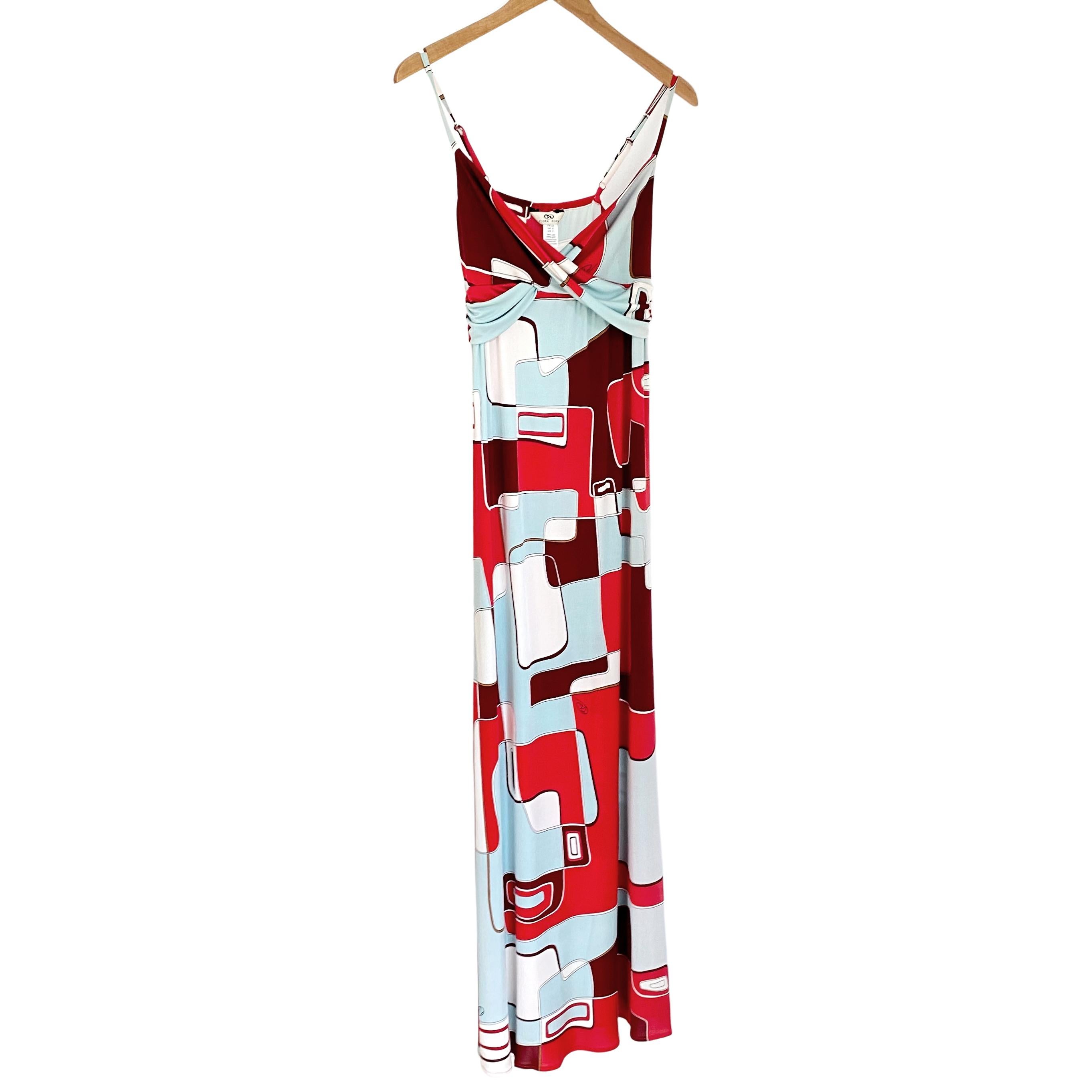 Women's Red Aqua Art Print FLORA KUNG Boho Maxi Silk Cami Dress NWT For Sale