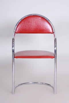 Red Art Deco/Bauhaus Chair Made in 1940s Czechia, Restored Leather and Steel