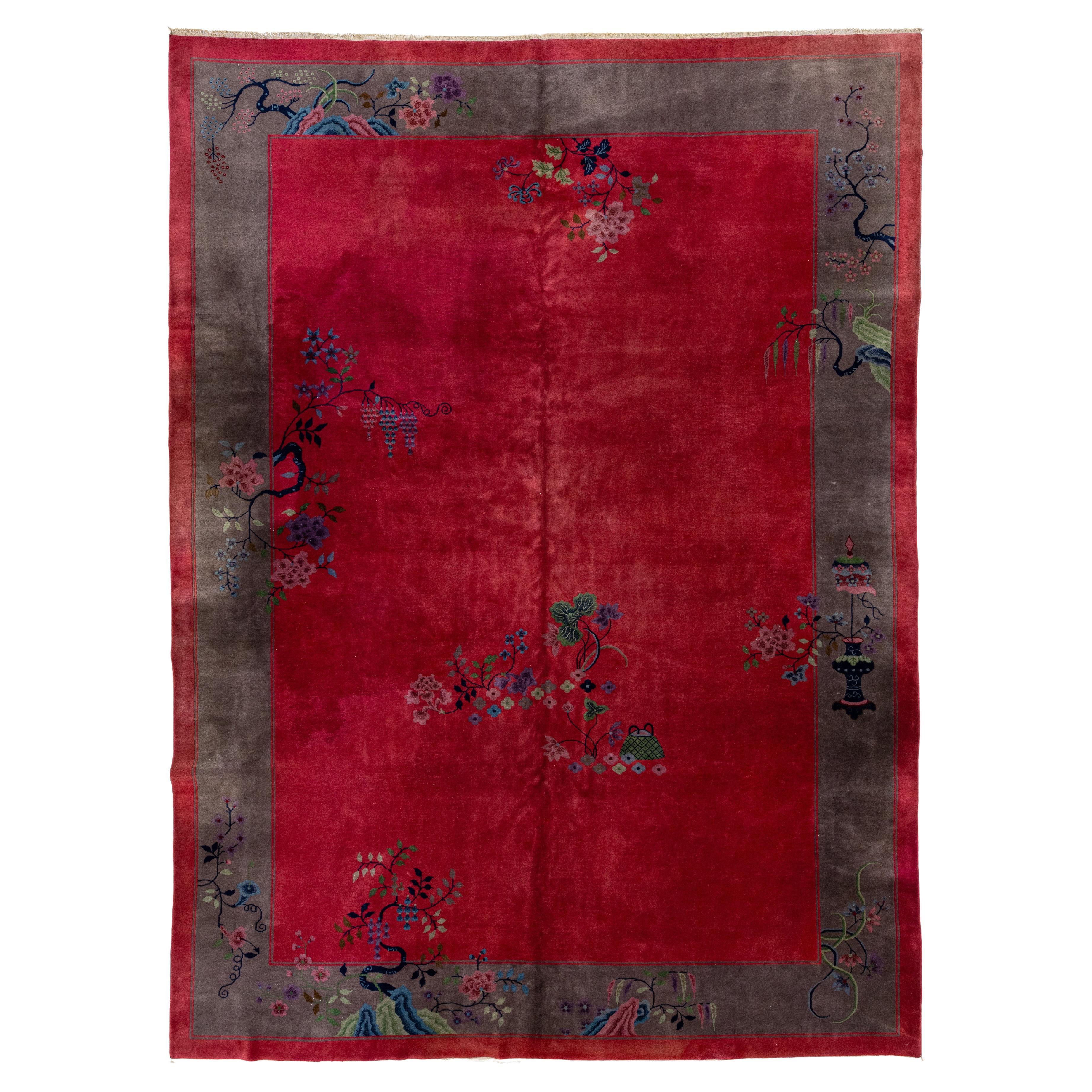 Roter Art-Deco-Teppich aus chinesischer Wolle mit Blumenmotiv aus den 1920er Jahren im Angebot