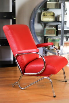 Red Art Deco, Chrome-Plated Tubular Steel Chair