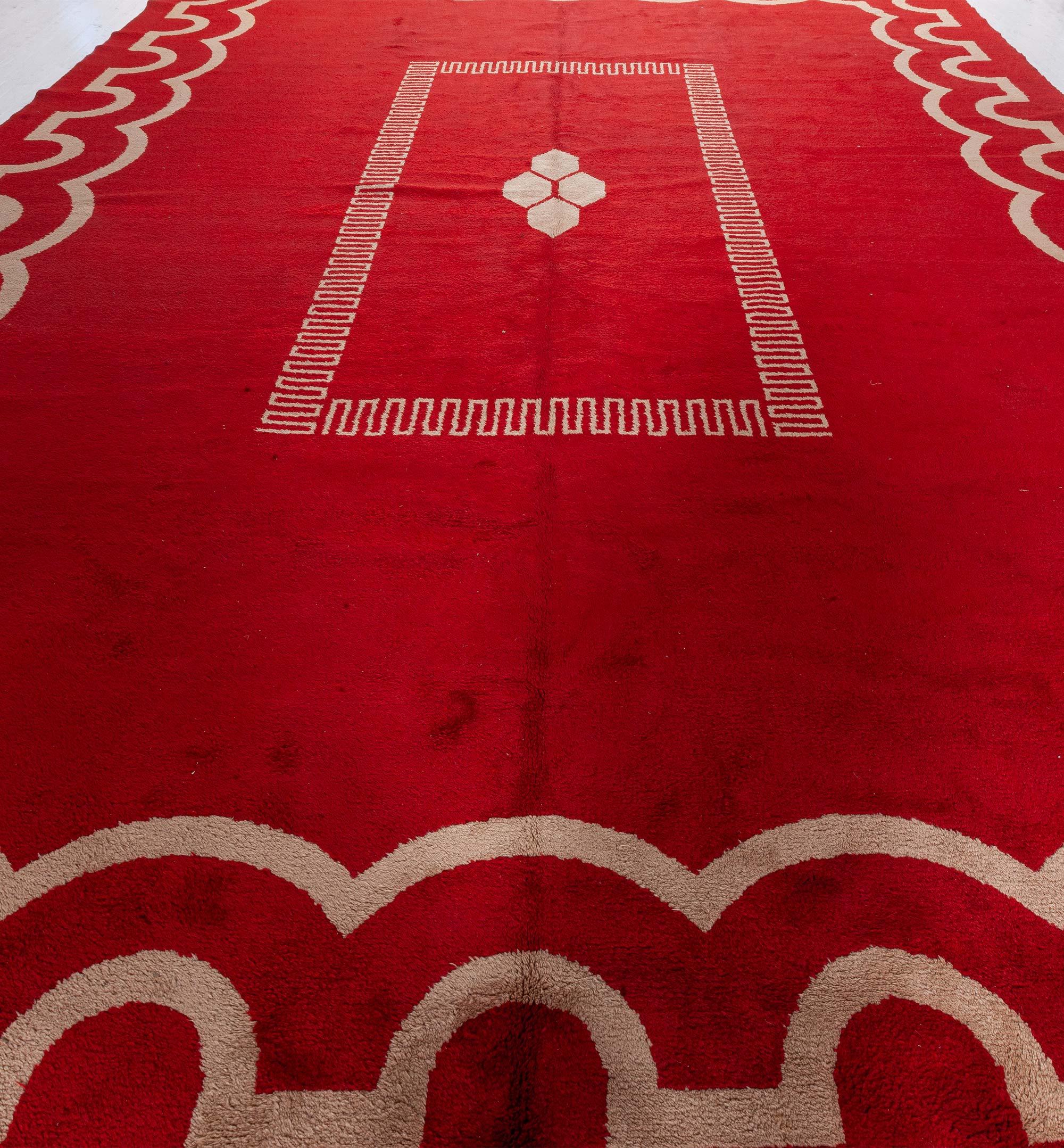 Hand-Knotted Red Art Deco Rug Attributed to Jacques Adnet