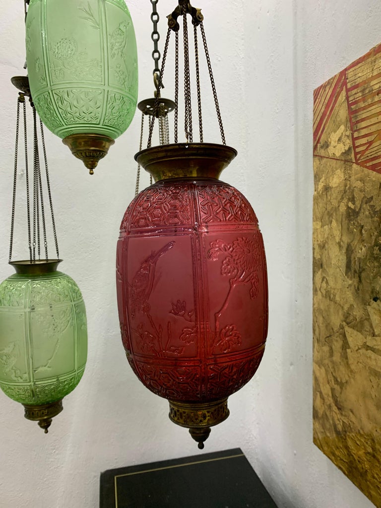 Late 19th or early 20th century glass lantern by Baccarat France, signed in the bottom with Baccarat and Depose marks.
Produced in a clear art nouveau / orientalist taste, depicting 3 panels with different birds as well as panels with geometrical