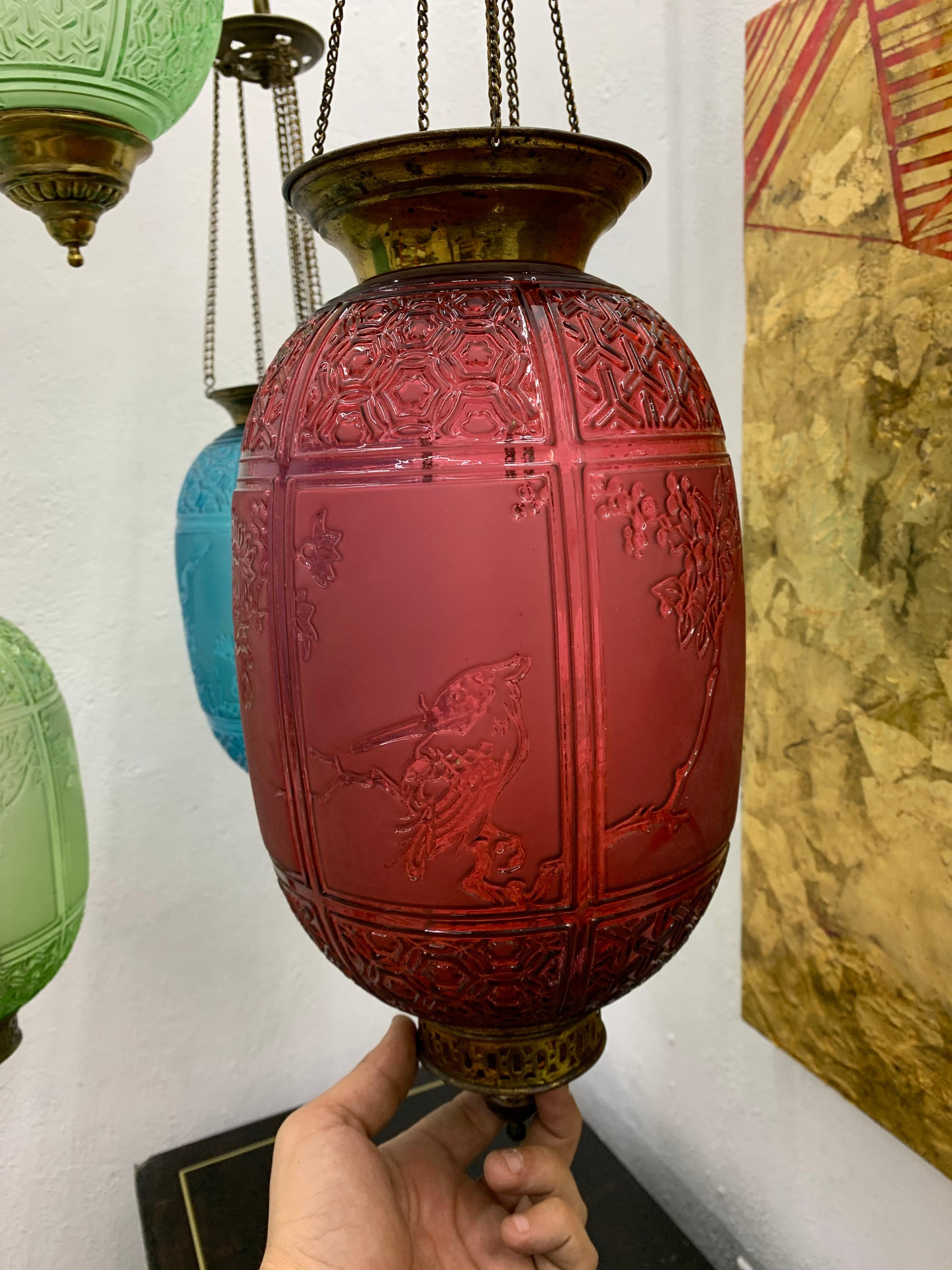 French Red Art Nouveau Candle Lantern by Baccarat France, Depicting Birds, circa 1890