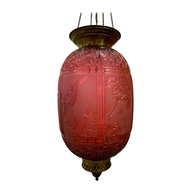 Red Art Nouveau Candle Lantern by Baccarat France, Depicting Birds, circa 1890 For Sale