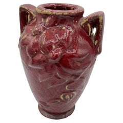 Red Art Pottery Vase with Dual Handles & Sculpted Floral Relief