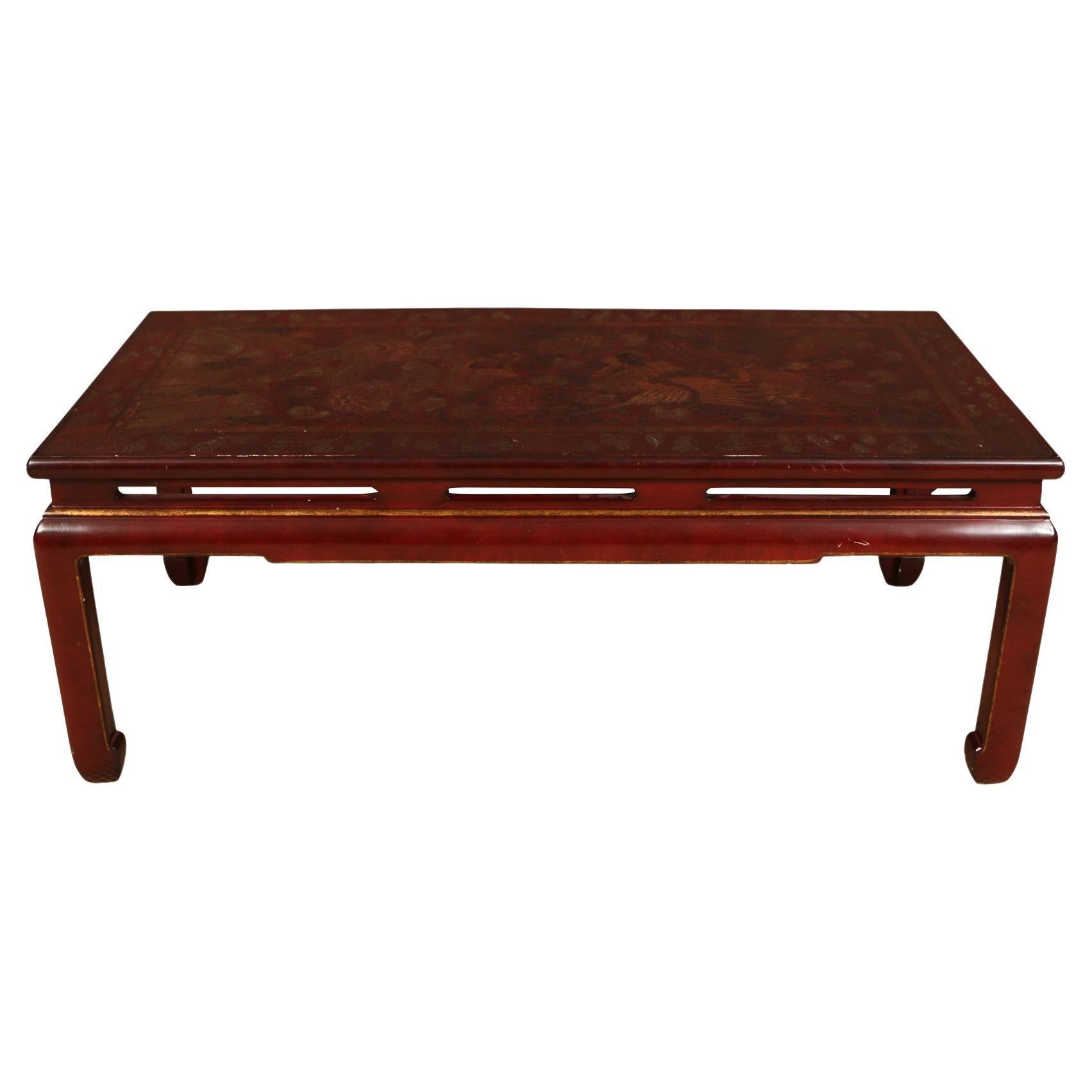 Red Asian Lacquer Coffee Table with Chinoiserie Detail