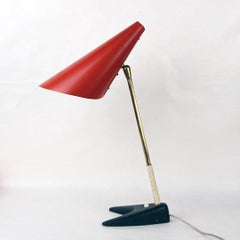 Red Austrian Midcentury Brass and Iron Table Lamp by J. T. Kalmar