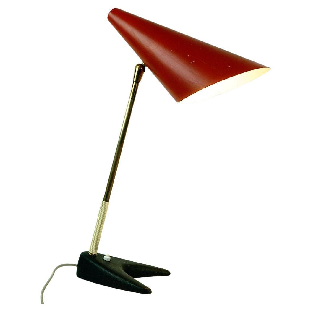 Red Austrian Midcentury Brass and Iron Table Lamp by J. T. Kalmar