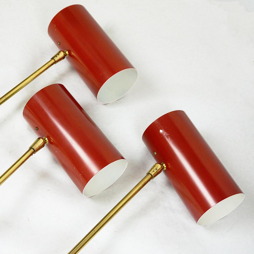 Lacquered Red Austrian Midcentury Brass Zylinder Sconces by J. T. Kalmar For Sale