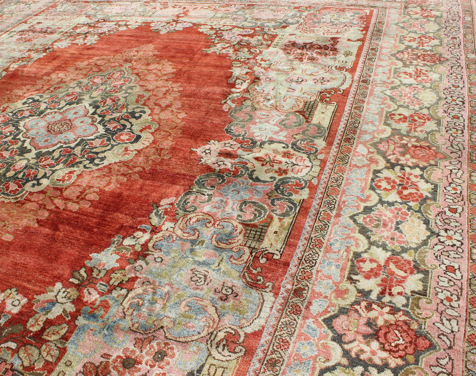  Persian Antique Mahal Rug with Beautiful Floral Design in Red, Pink, and Green  For Sale 2