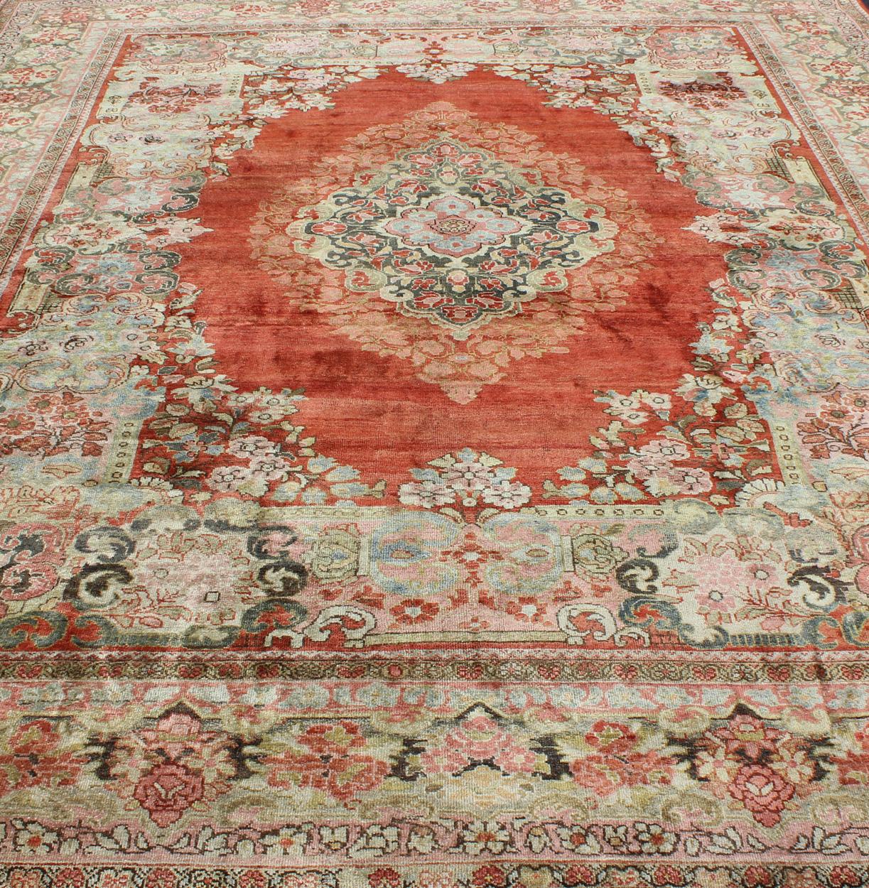  Persian Antique Mahal Rug with Beautiful Floral Design in Red, Pink, and Green  For Sale 3