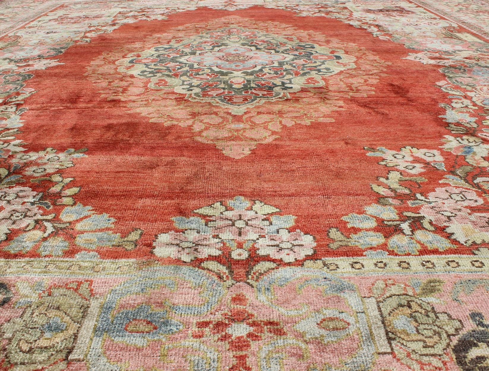  Persian Antique Mahal Rug with Beautiful Floral Design in Red, Pink, and Green  For Sale 4