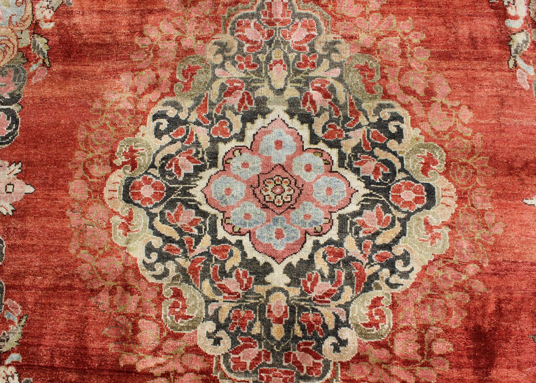  Persian Antique Mahal Rug with Beautiful Floral Design in Red, Pink, and Green  For Sale 5