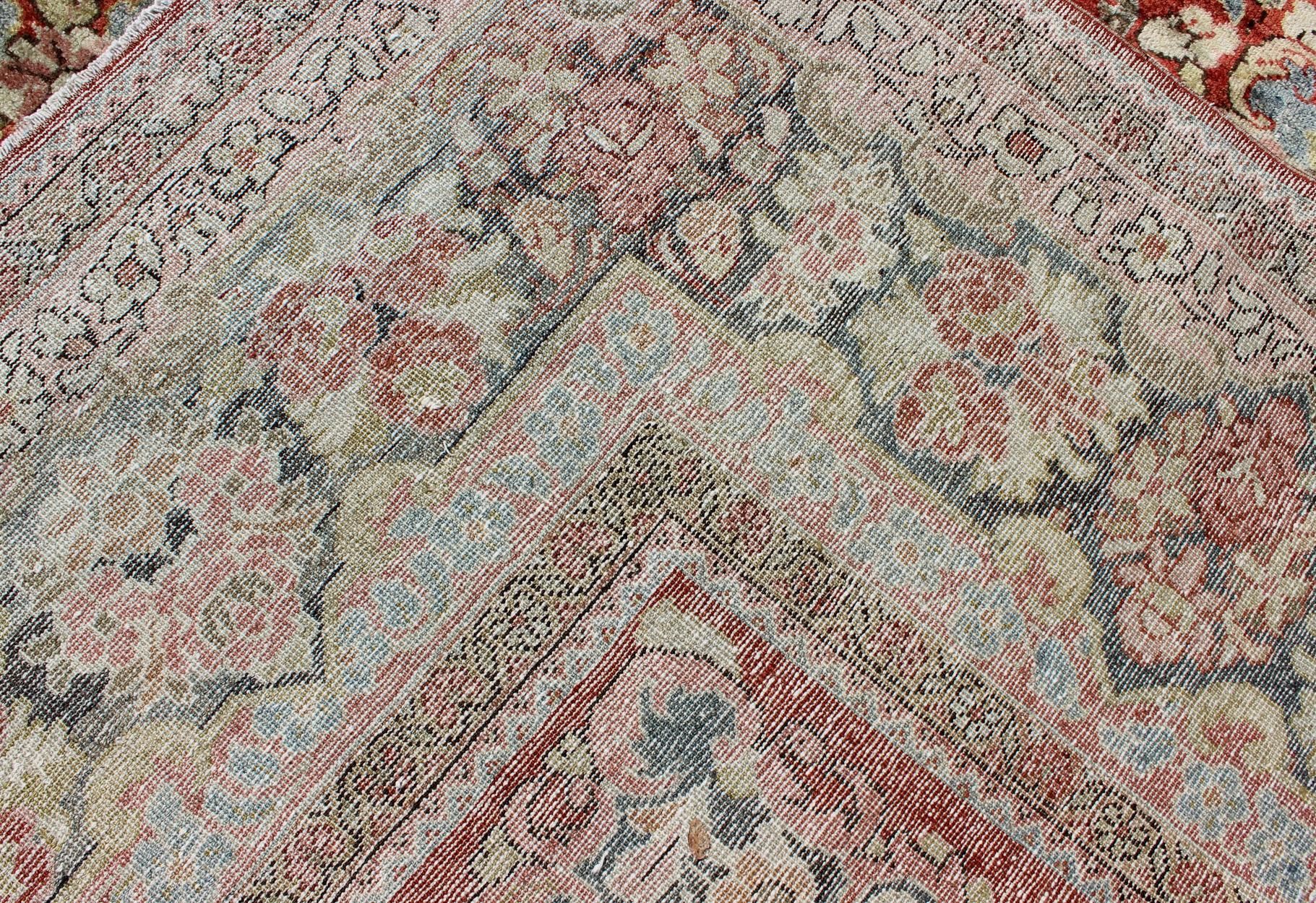  Persian Antique Mahal Rug with Beautiful Floral Design in Red, Pink, and Green  For Sale 7