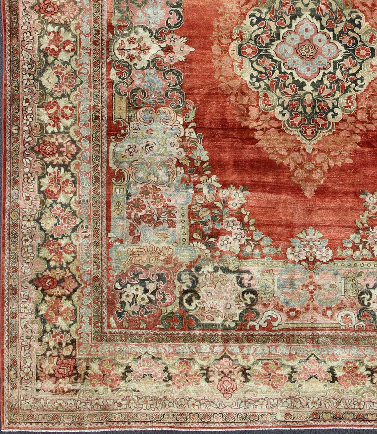  Persian Antique Mahal Rug with Beautiful Floral Design in Red, Pink, and Green. Keivan Woven Arts /  rug M14-0408, country of origin / type: Iran / Mahal-Sultanabad, circa 1930
Measures: 10'11 x 13'10.
This Persian Mahal rug (circa 1930) relies