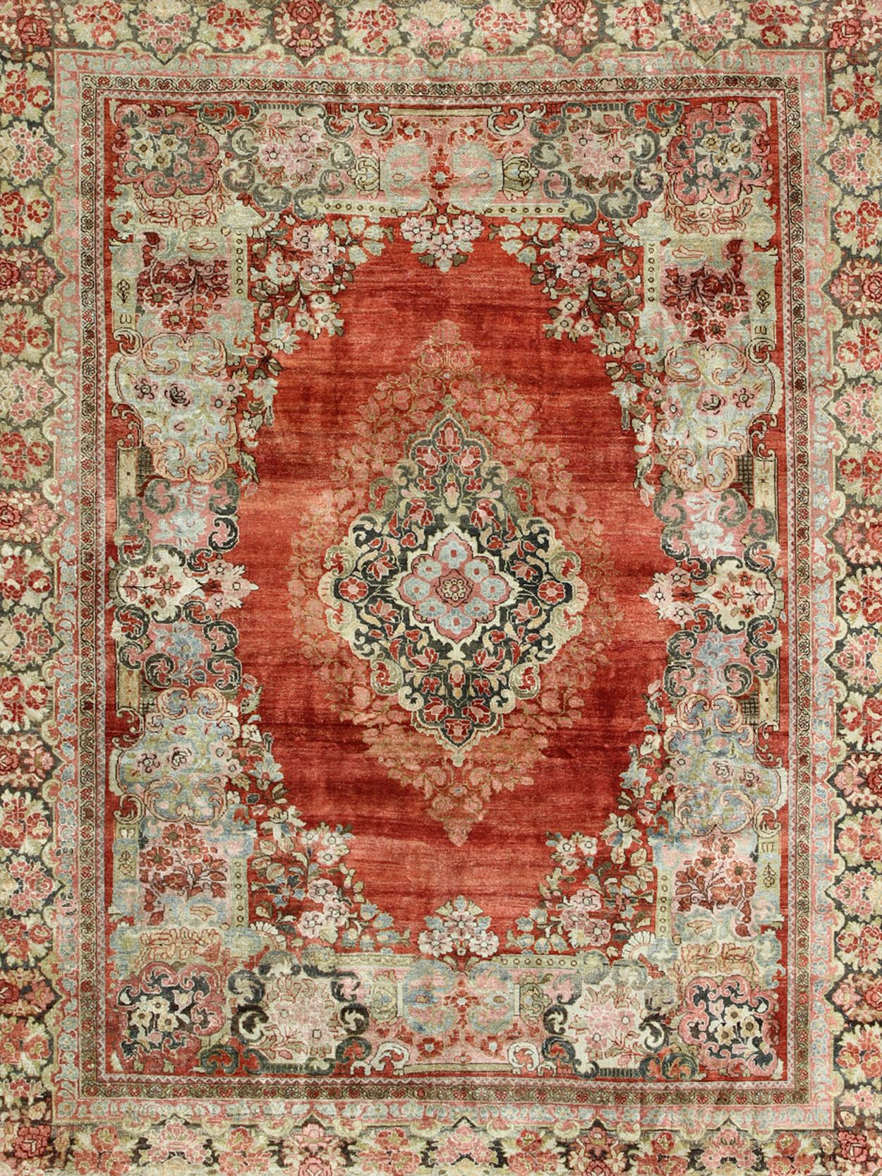 Sultanabad  Persian Antique Mahal Rug with Beautiful Floral Design in Red, Pink, and Green  For Sale